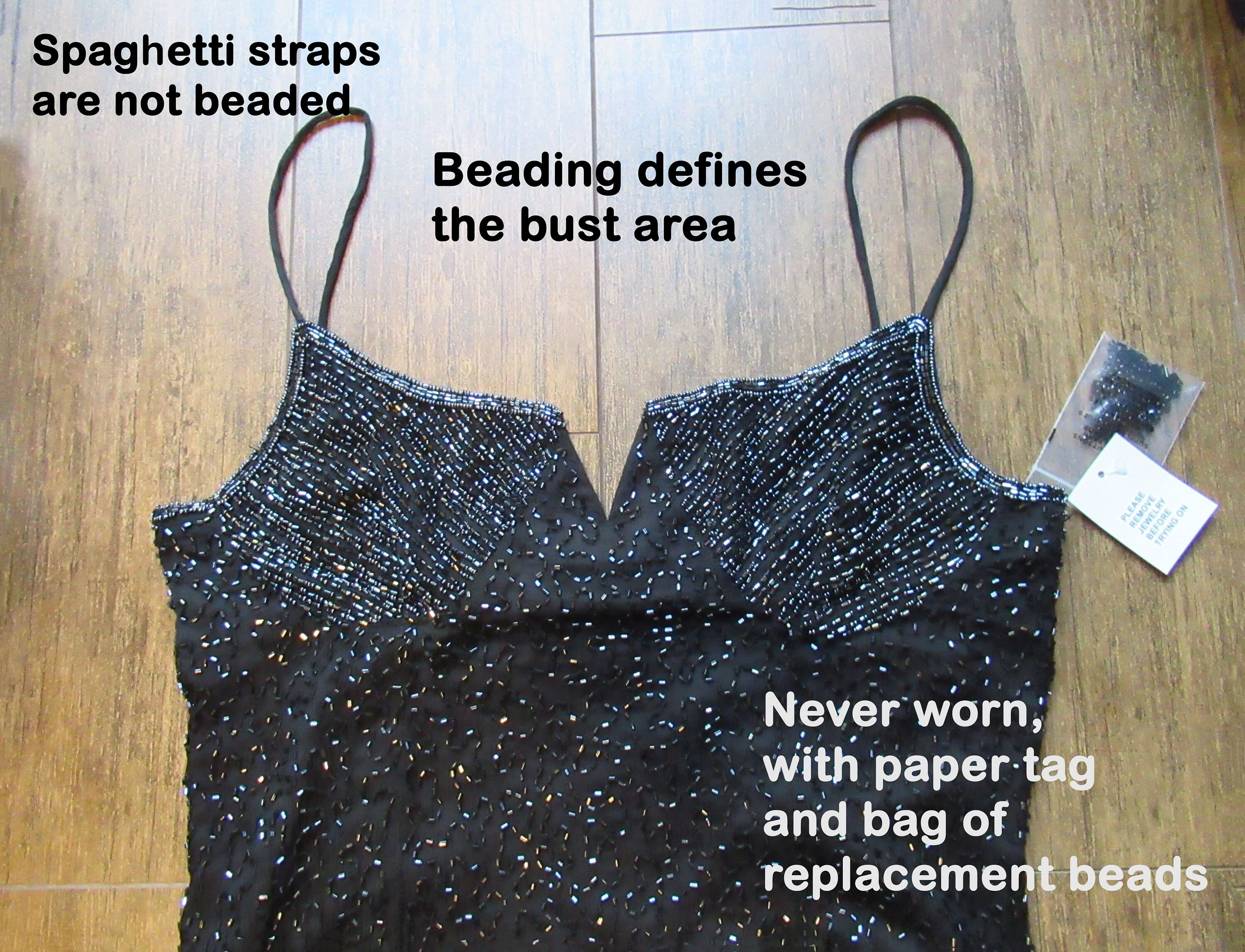 Sz S Party Dress Low V-Neck Spaghetti Strap, Made India, 34 Bust, Polyester Lined, 25 Inch Slit, Beaded Black Silk Sheath by Lawrence Kazar - Image 3