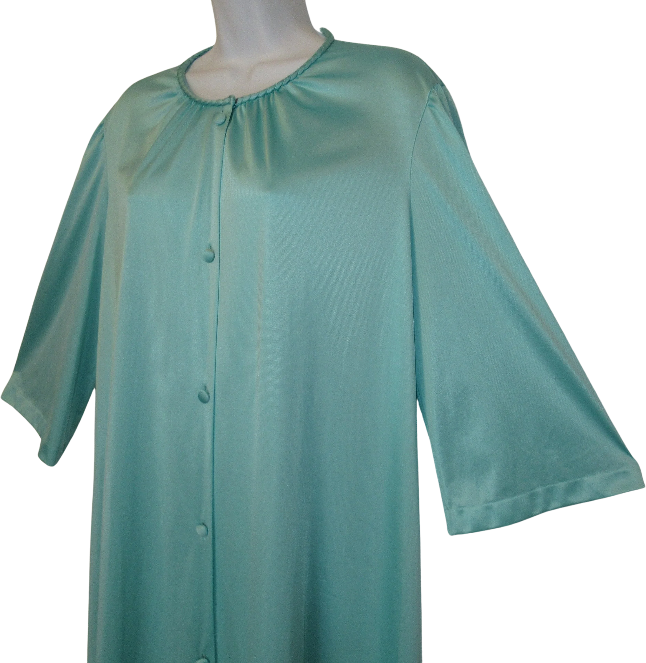 Sz S Robe 43 Bust A-Line Shape Cloth Covered Front Buttons Teal Nylon Knee Length Elbow Length Sleeves Top Braid Trim Vtg by Vanity Fair