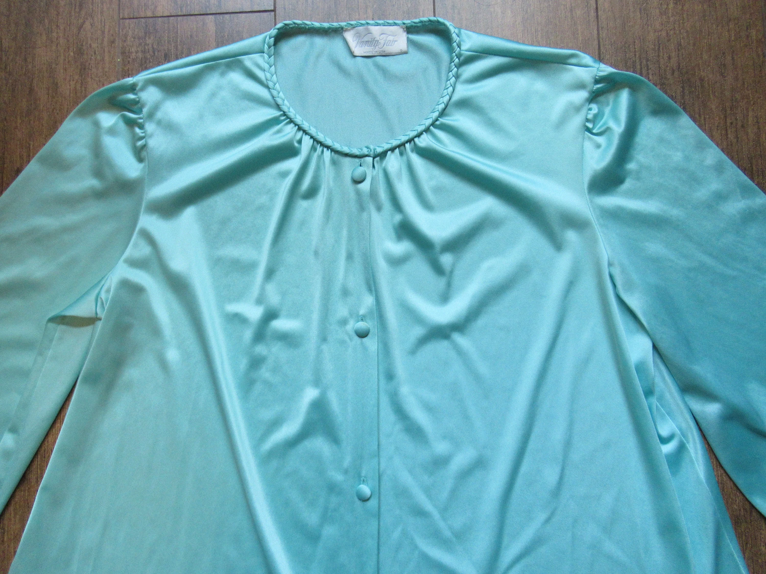 Sz S Robe 43 Bust A-Line Shape Cloth Covered Front Buttons Teal Nylon Knee Length Elbow Length Sleeves Top Braid Trim Vtg by Vanity Fair - Image 6