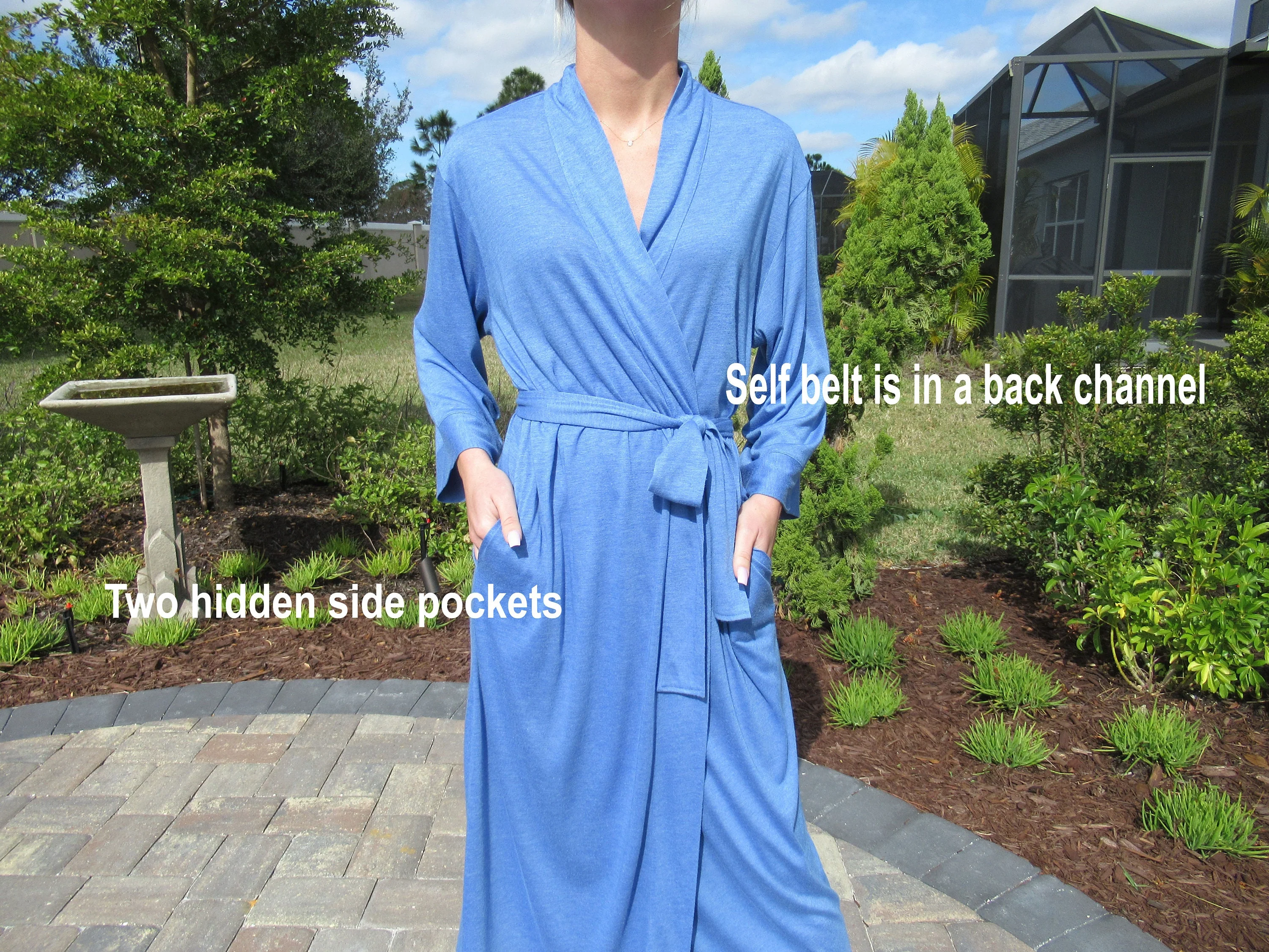 Sz S Robe Wrap Style Blue Polyester and Rayon Soft Fabric, Self Belt In Back Channel, Mid Calf Length, Made In Philippines, Vtg by Josie Natori - Image 2
