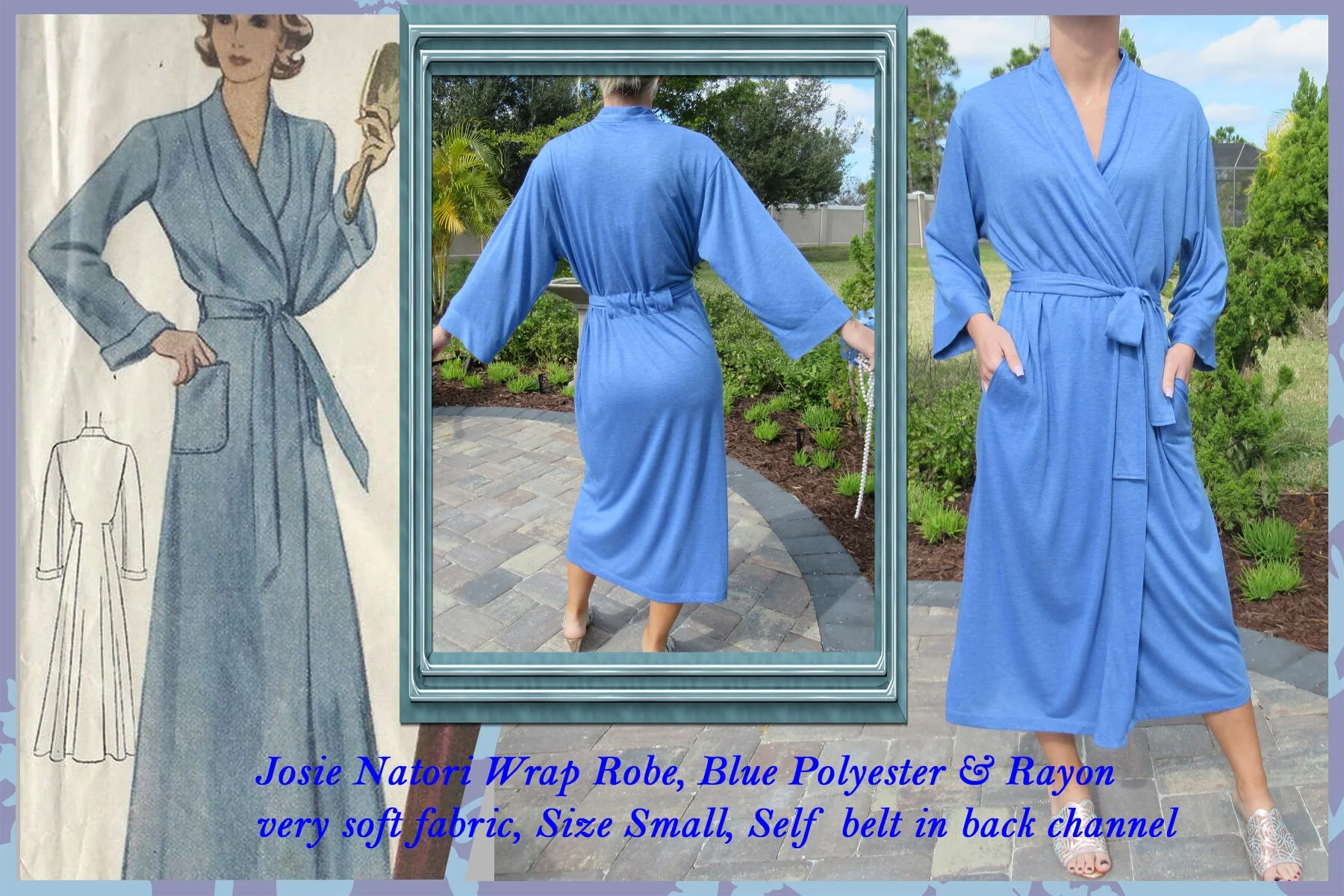Sz S Robe Wrap Style Blue Polyester and Rayon Soft Fabric, Self Belt In Back Channel, Mid Calf Length, Made In Philippines, Vtg by Josie Natori - Image 3