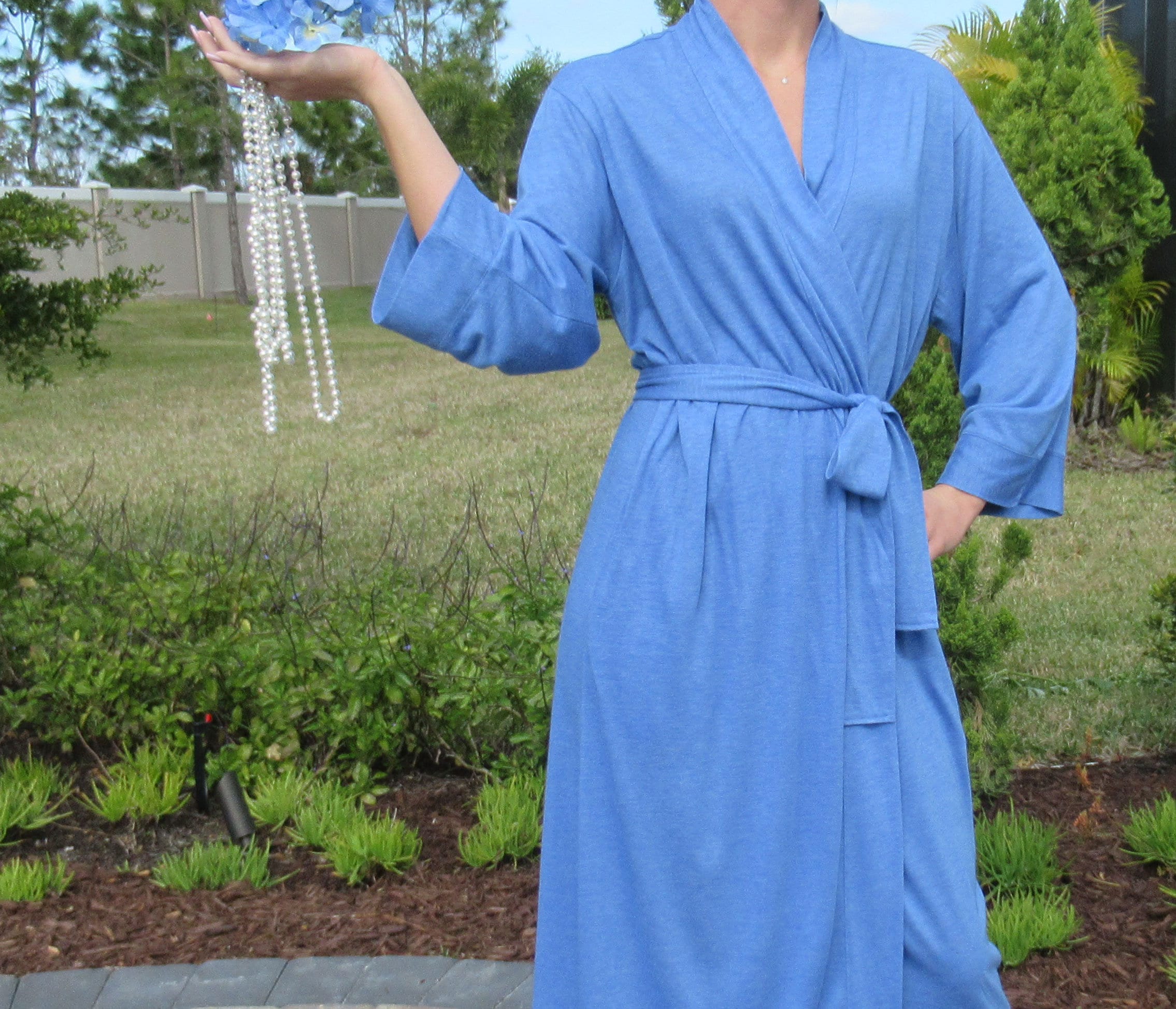Sz S Robe Wrap Style Blue Polyester and Rayon Soft Fabric, Self Belt In Back Channel, Mid Calf Length, Made In Philippines, Vtg by Josie Natori - Image 6