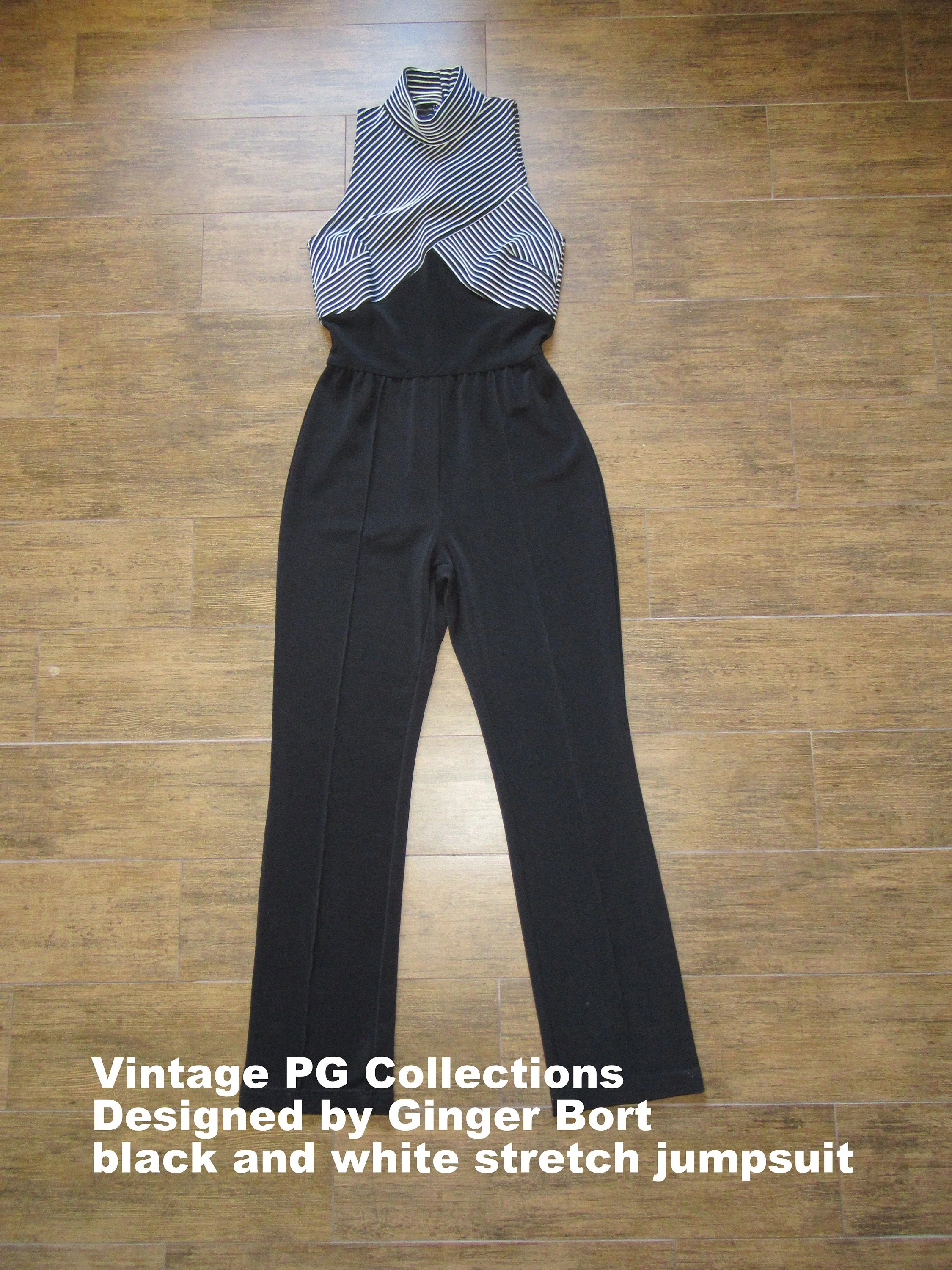 Sz S Stretch Jumpsuit Sleeveless Bodycon Style, Pg Collections Designed by Ginger Bort, Black and White Made In Usa, Fabulous Sexy Vintage! - Image 9