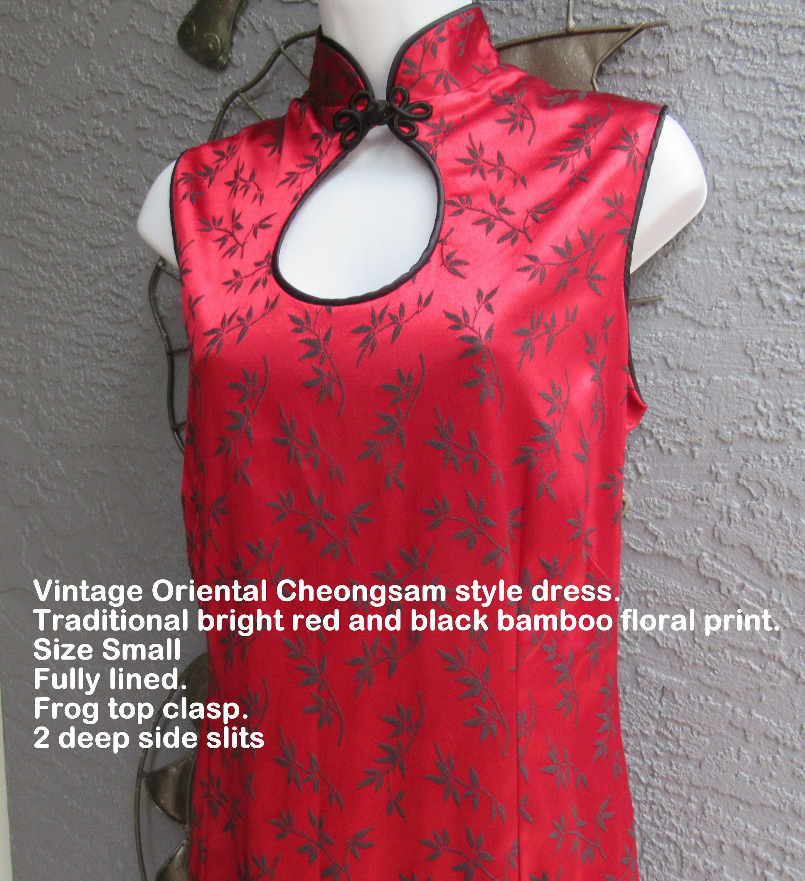 Sz S Style Cheongsam Dress 38 Inch Bust Traditional Bright Red/black Bamboo Print, Lined, Frog Clasp, 2 Deep Side Slits, Vtg - Image 2