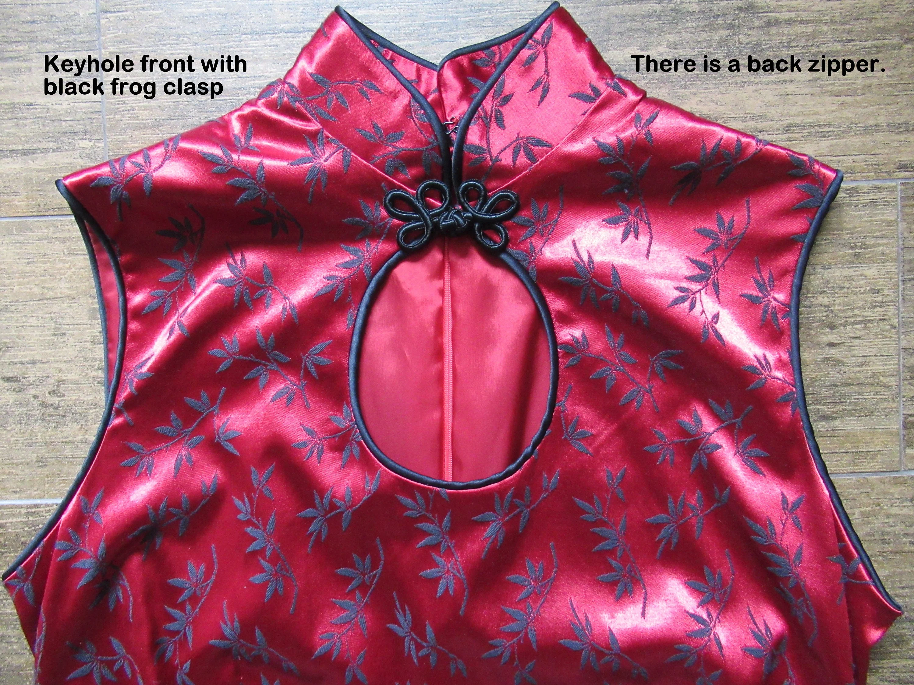 Sz S Style Cheongsam Dress 38 Inch Bust Traditional Bright Red/black Bamboo Print, Lined, Frog Clasp, 2 Deep Side Slits, Vtg - Image 3