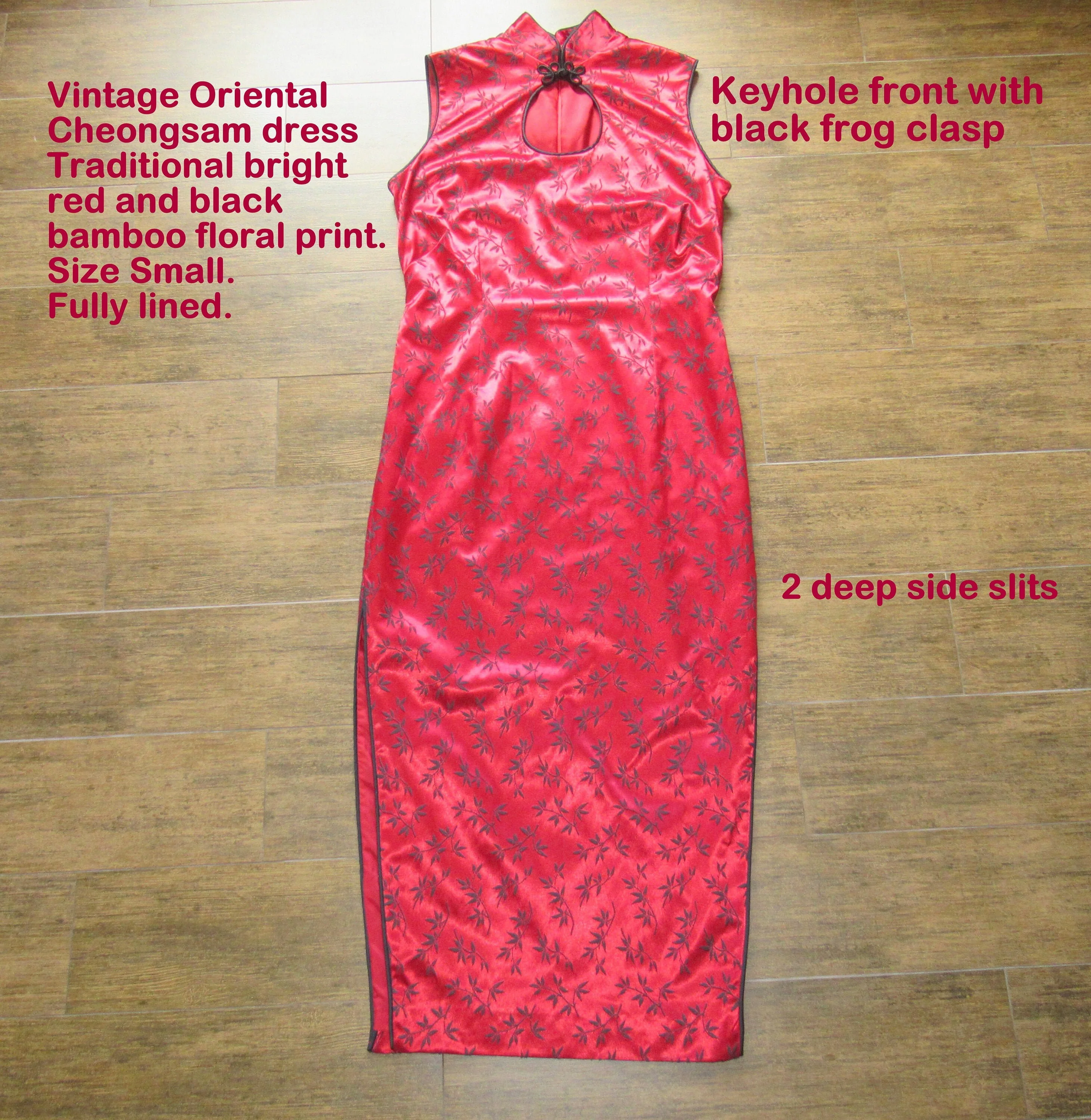Sz S Style Cheongsam Dress 38 Inch Bust Traditional Bright Red/black Bamboo Print, Lined, Frog Clasp, 2 Deep Side Slits, Vtg - Image 4