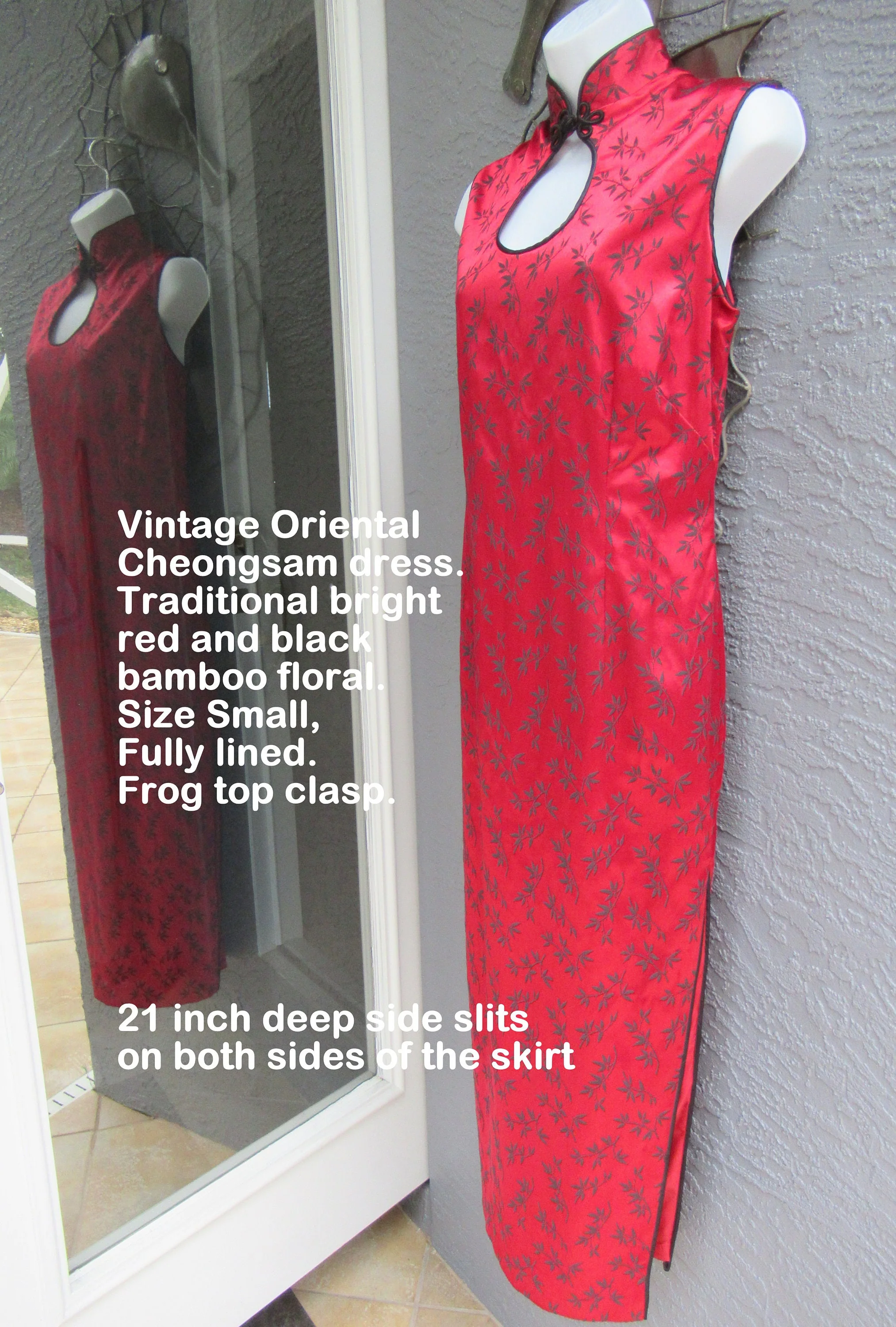 Sz S Style Cheongsam Dress 38 Inch Bust Traditional Bright Red/black Bamboo Print, Lined, Frog Clasp, 2 Deep Side Slits, Vtg - Image 5