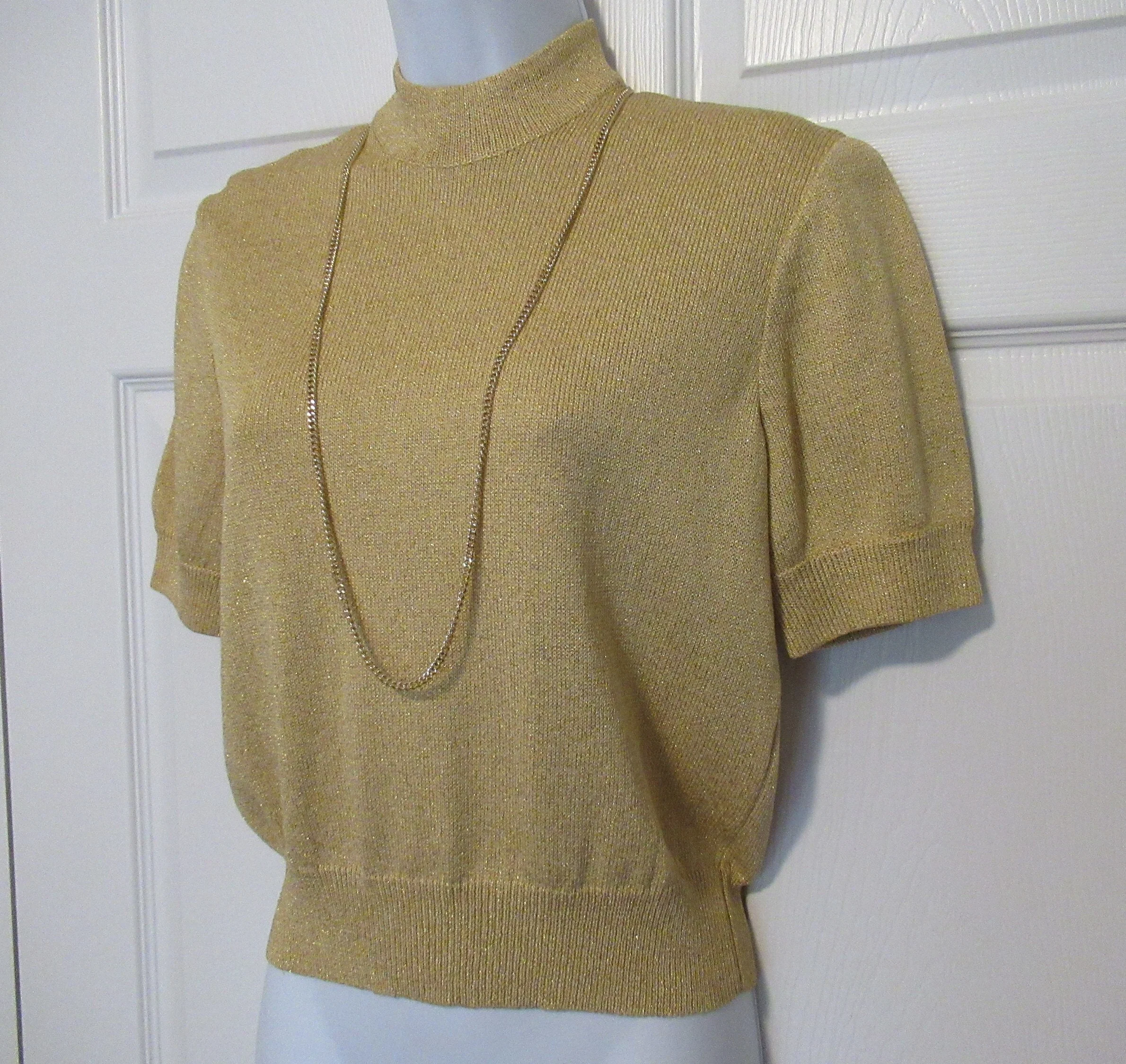 Sz S Tank Gold Classic Santana Knit Sjk High Neck Short Sleeve Pullover Petite/small 34 Inch Bust, Versatile Vtg Top, Bonus Chain by St John - Image 2