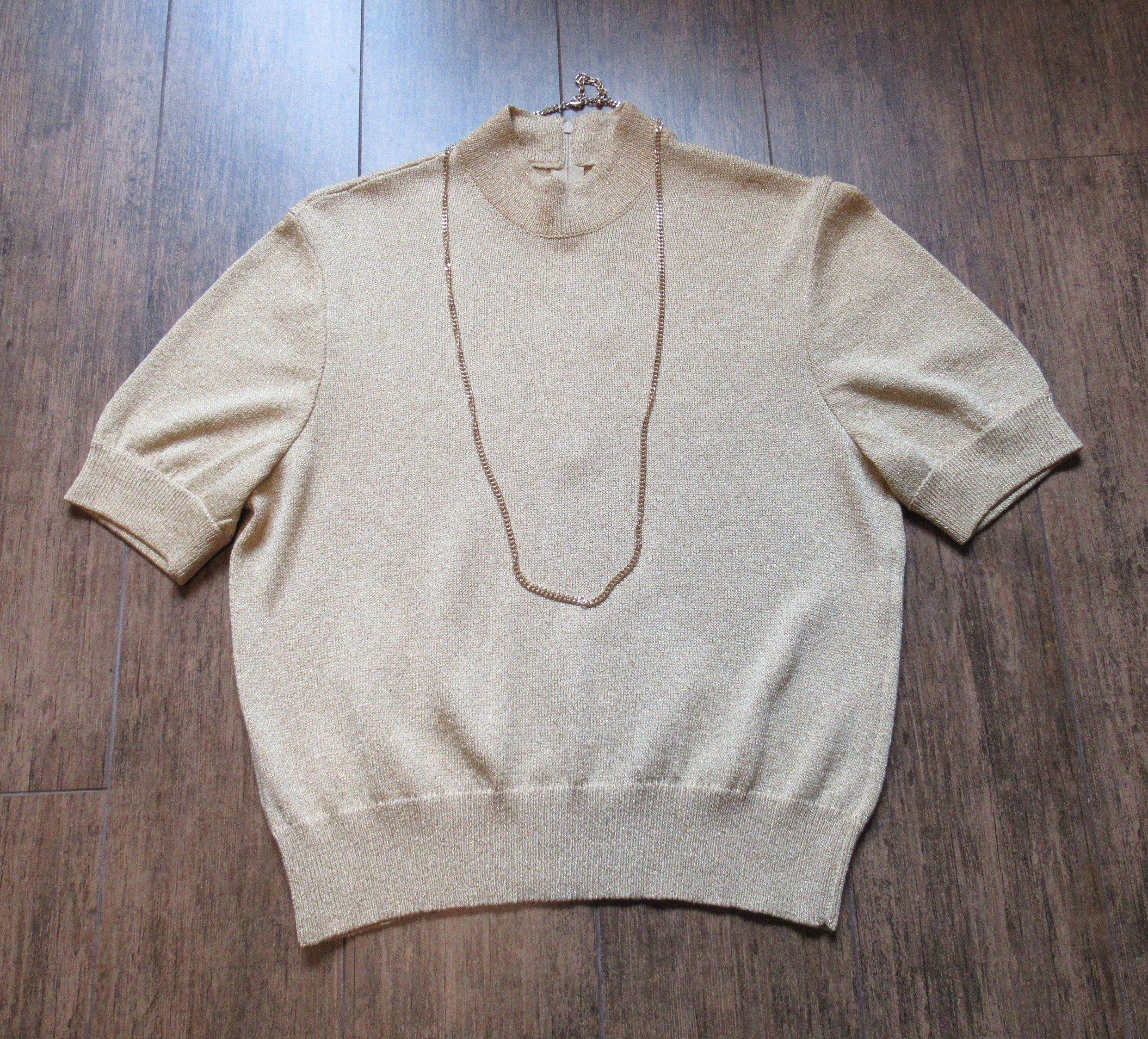 Sz S Tank Gold Classic Santana Knit Sjk High Neck Short Sleeve Pullover Petite/small 34 Inch Bust, Versatile Vtg Top, Bonus Chain by St John - Image 3