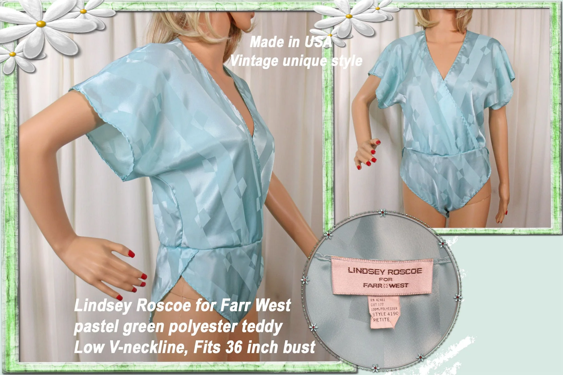 Sz S Teddy 36 Bust, Polyester, Low V-Neckline, Lindsey Roscoe for Farr West Pastel Green Short Sleeve, High Rise Leg, Made In Usa, Vtg - Image 4
