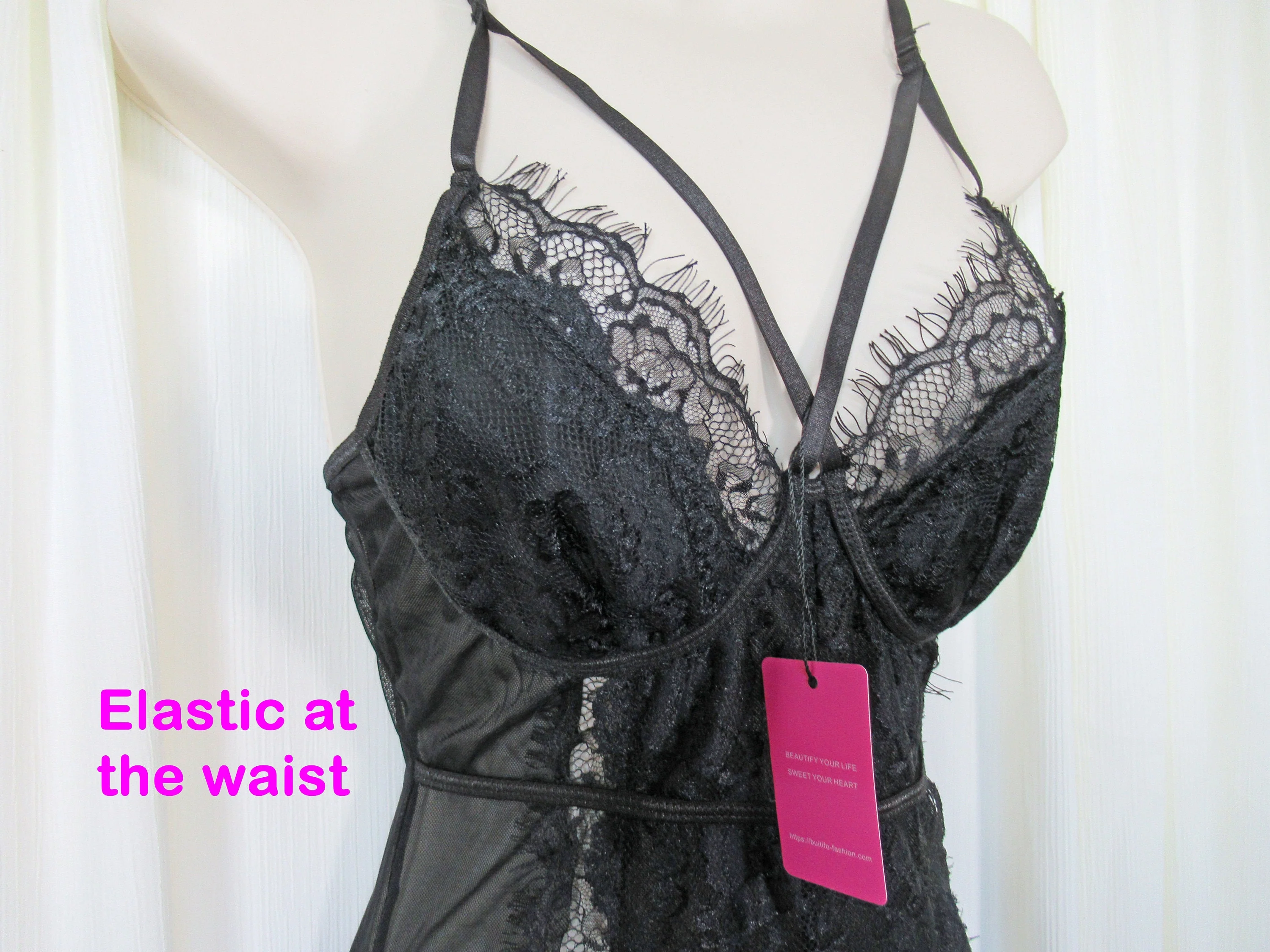 Sz Small Teddy Very Sexy Sheer Never Worn Buitifo, Black, High Cut Leg, All Black with Lace Trim, Polyester and Elastane, Adjustable Straps - Image 8