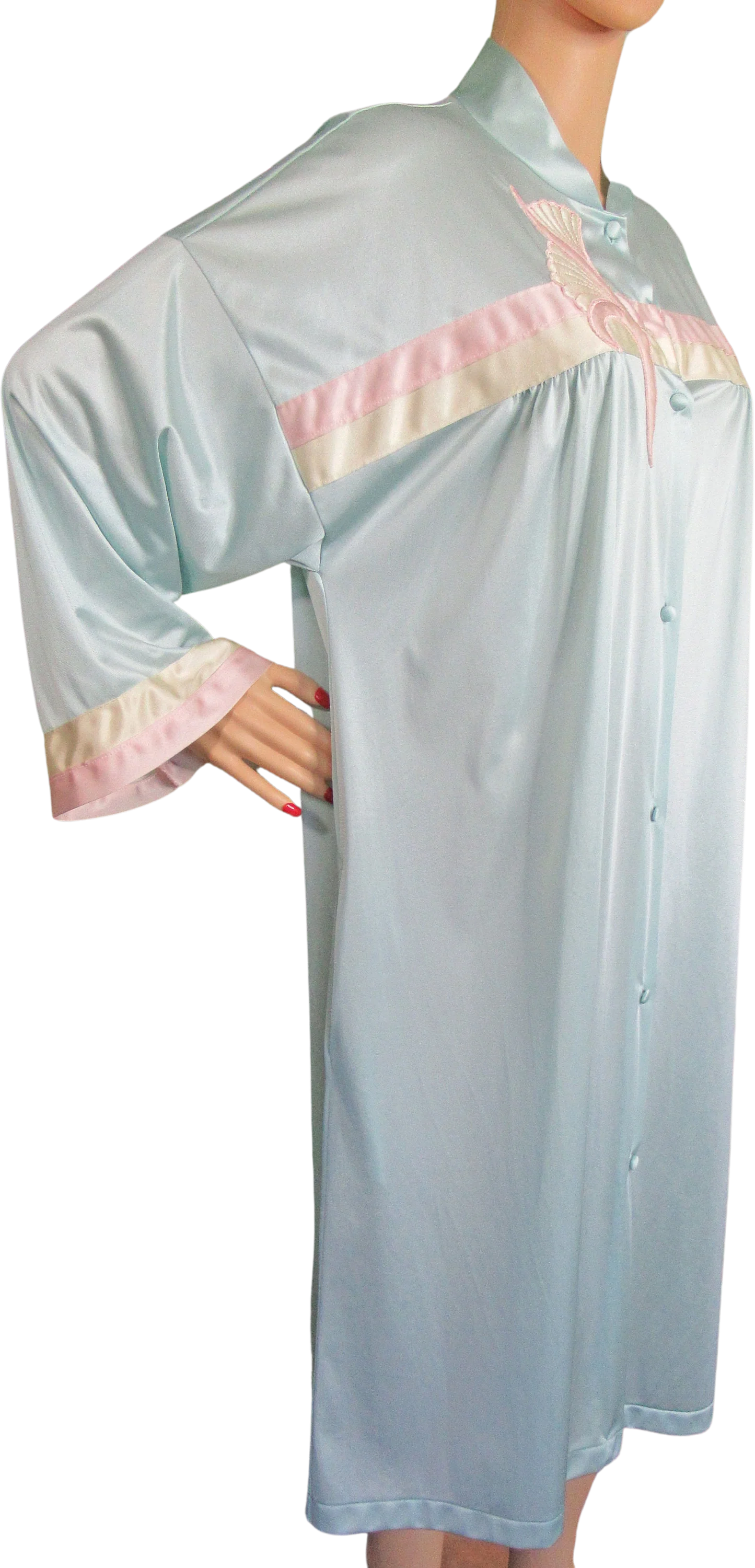 Sz Xl Robe 48 Inch Bust Nylon Button Front Teal Blue with Pink and Yellow Front Applique Trim, Knee Length, Made In Usa Vtg by Vanity Fair