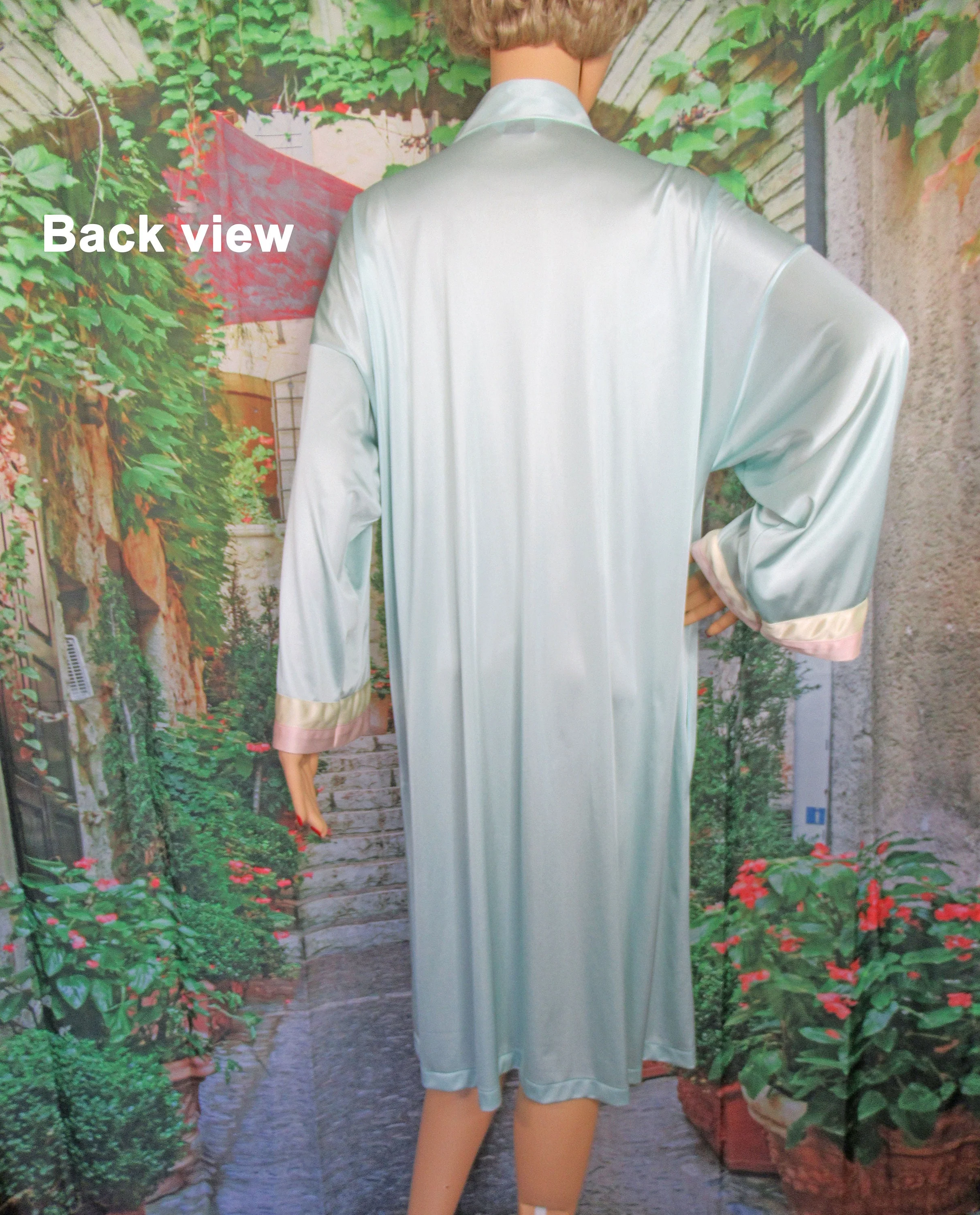 Sz Xl Robe 48 Inch Bust Nylon Button Front Teal Blue with Pink and Yellow Front Applique Trim, Knee Length, Made In Usa Vtg by Vanity Fair - Image 10