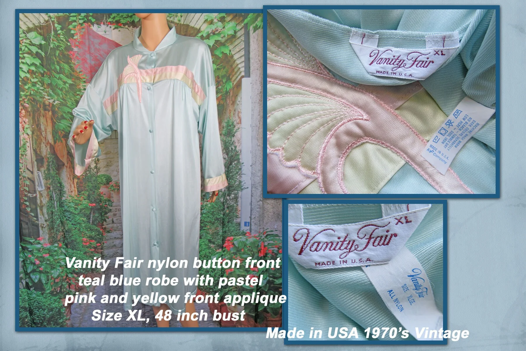 Sz Xl Robe 48 Inch Bust Nylon Button Front Teal Blue with Pink and Yellow Front Applique Trim, Knee Length, Made In Usa Vtg by Vanity Fair - Image 3