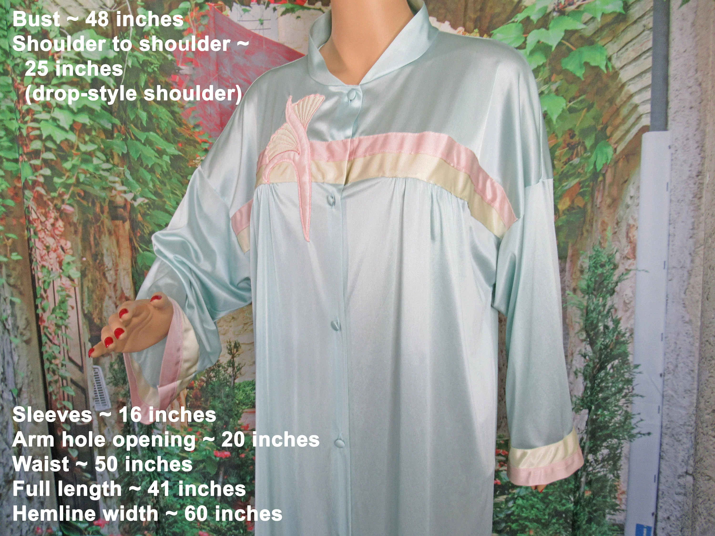 Sz Xl Robe 48 Inch Bust Nylon Button Front Teal Blue with Pink and Yellow Front Applique Trim, Knee Length, Made In Usa Vtg by Vanity Fair - Image 5