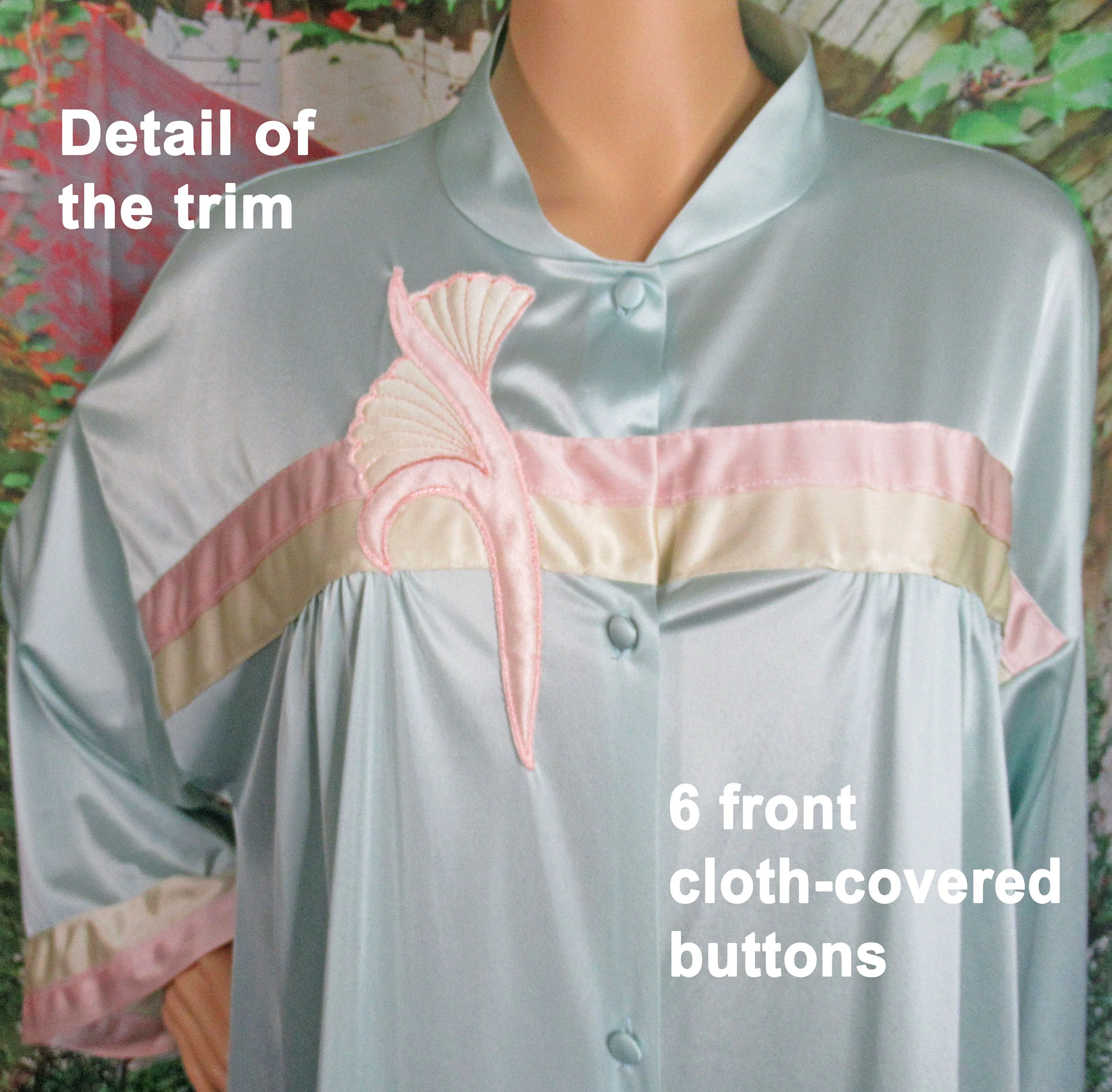Sz Xl Robe 48 Inch Bust Nylon Button Front Teal Blue with Pink and Yellow Front Applique Trim, Knee Length, Made In Usa Vtg by Vanity Fair - Image 6