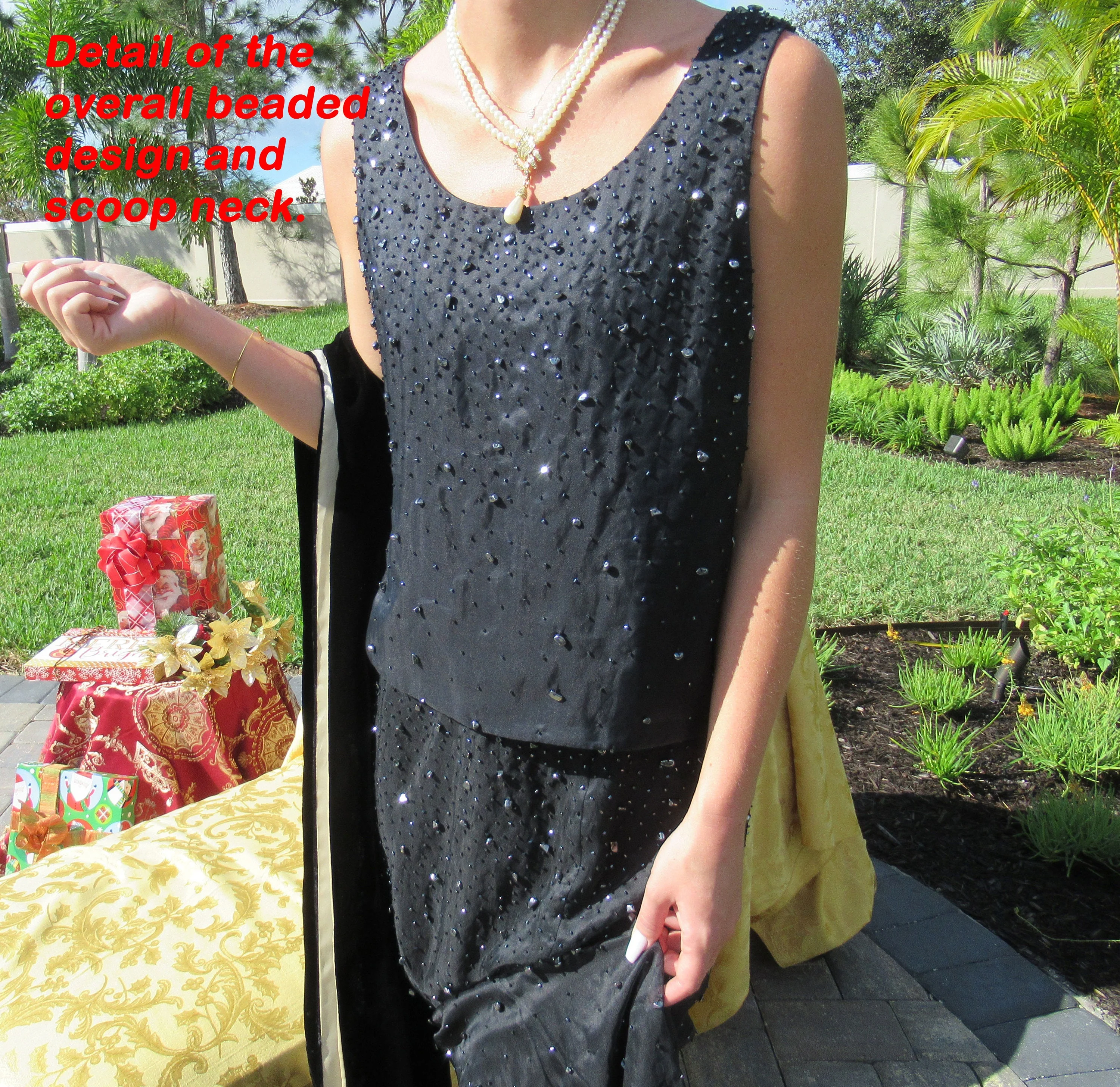 Tank Top and Skirt Black Beaded Long Mermaid Hem Skirt Silk Fabric Exterior Lined Side Zippers Vintage by Dana Buchman - Image 2
