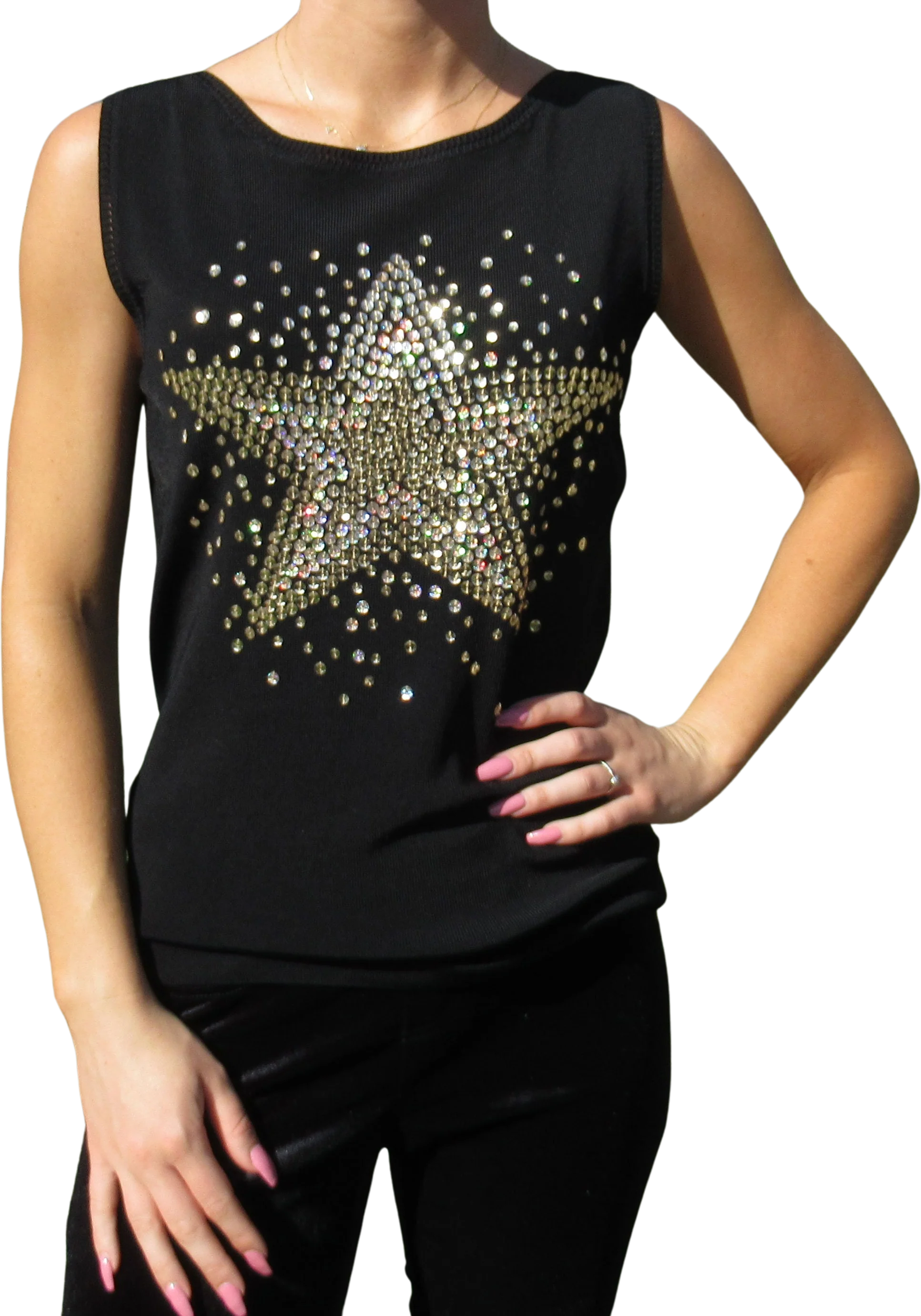 Tank Top Sequin Bead Front Star Design Lucia Burns Made In Hong Kong Stretch Rayonnylon Fabric 80s Vintage by Lucia Burns