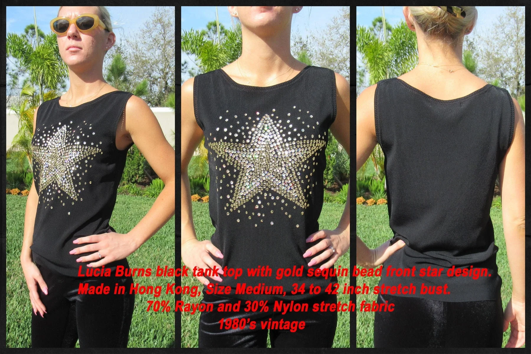 Tank Top Sequin Bead Front Star Design Lucia Burns Made In Hong Kong Stretch Rayonnylon Fabric 80s Vintage by Lucia Burns - Image 2