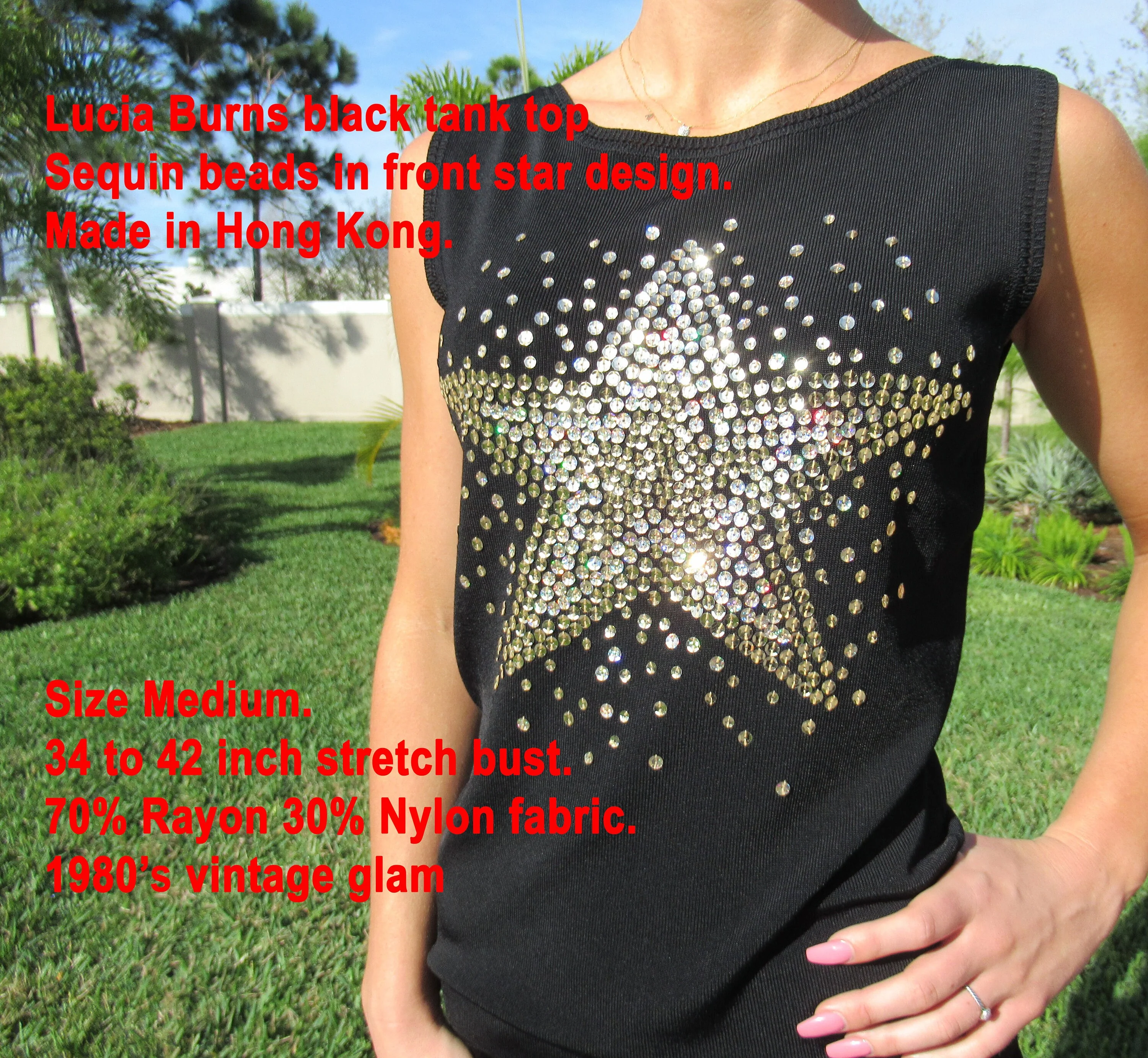 Tank Top Sequin Bead Front Star Design Lucia Burns Made In Hong Kong Stretch Rayonnylon Fabric 80s Vintage by Lucia Burns - Image 5