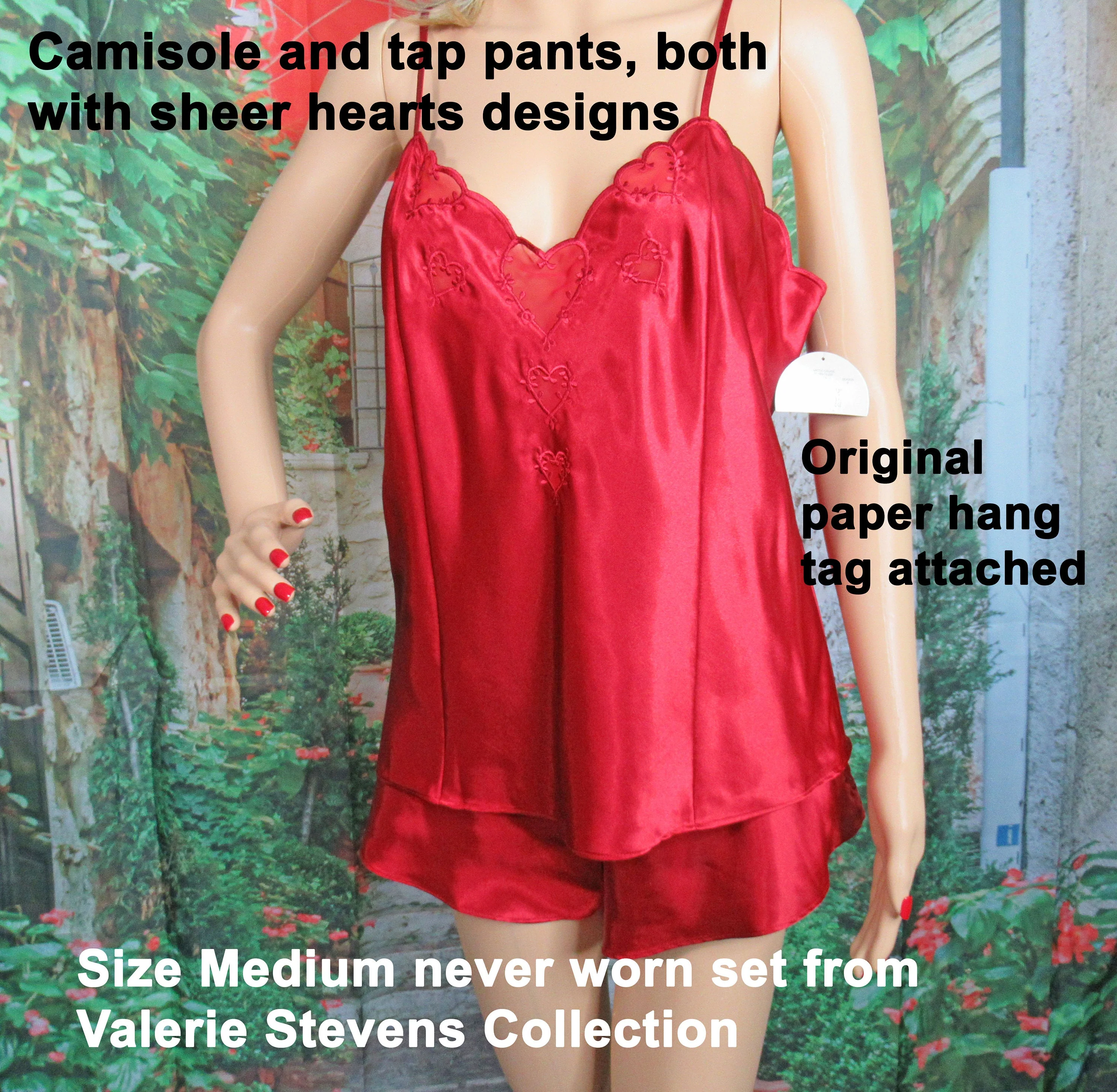 Tap Pants and Camisole Set Valerie Stevens Burgundy Polyester Sheer Hearts Trim Spaghetti Strap Made Hong Kong by Valerie Stevens - Image 4