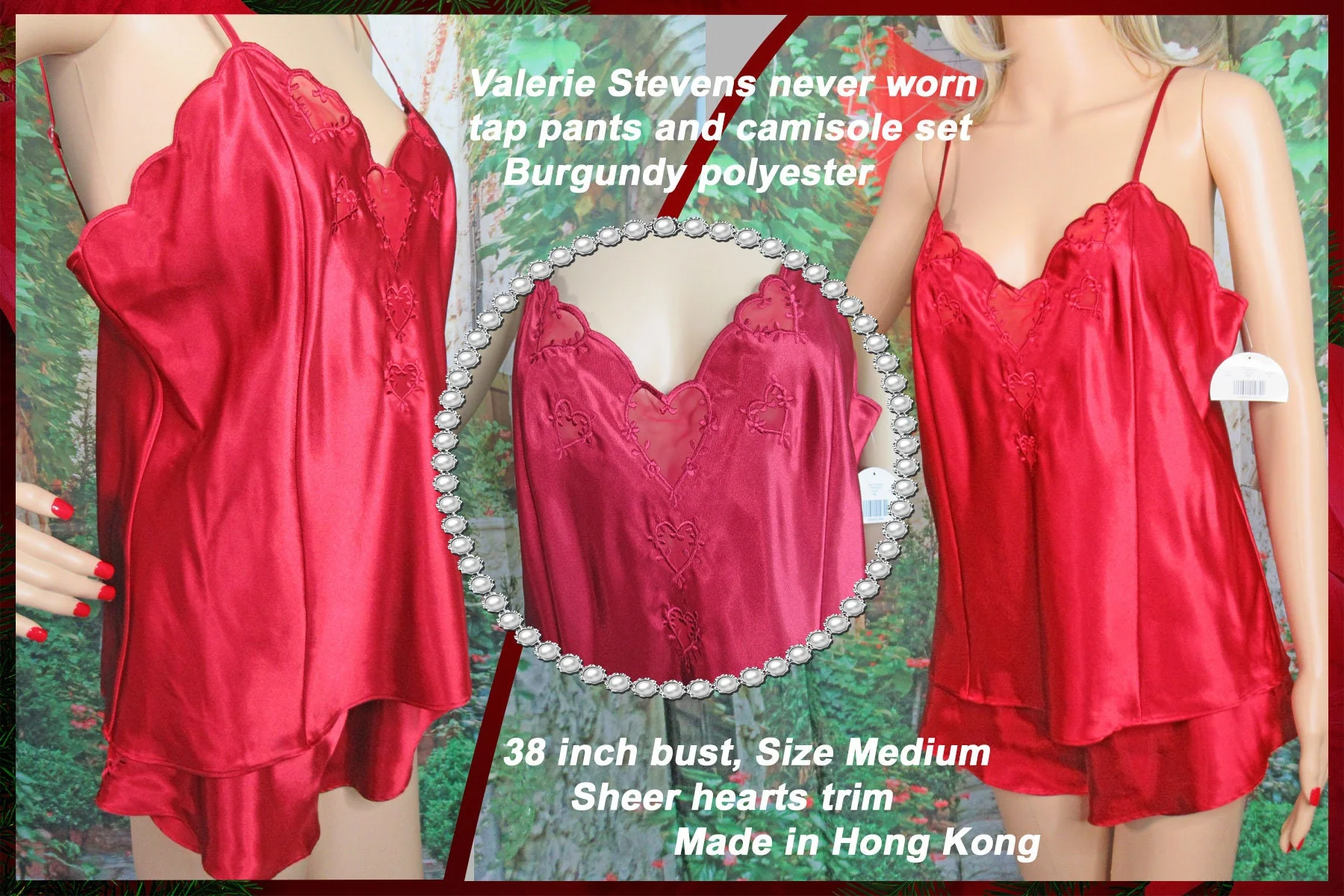 Tap Pants and Camisole Set Valerie Stevens Burgundy Polyester Sheer Hearts Trim Spaghetti Strap Made Hong Kong by Valerie Stevens - Image 5