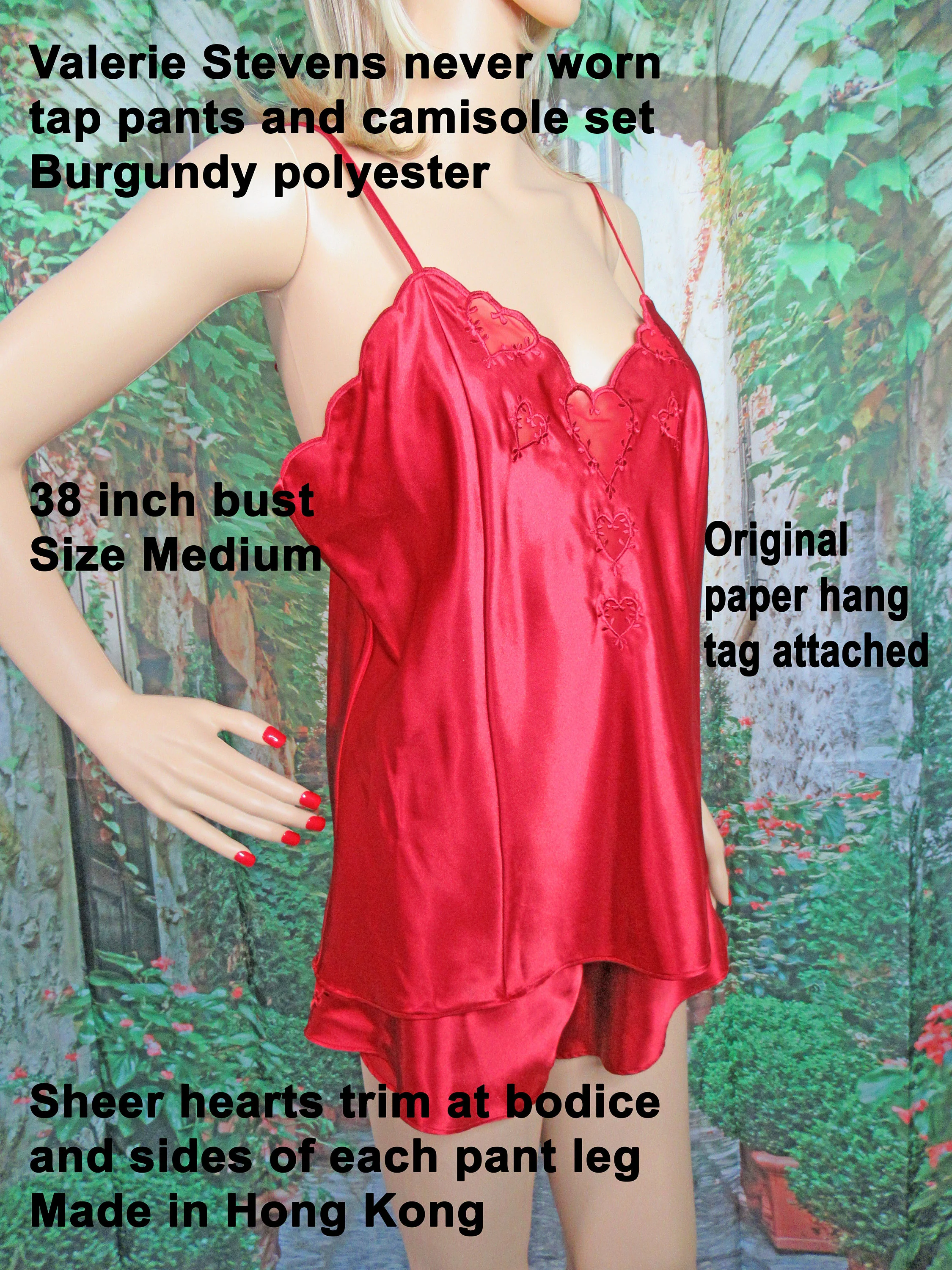 Tap Pants and Camisole Set Valerie Stevens Burgundy Polyester Sheer Hearts Trim Spaghetti Strap Made Hong Kong by Valerie Stevens - Image 8