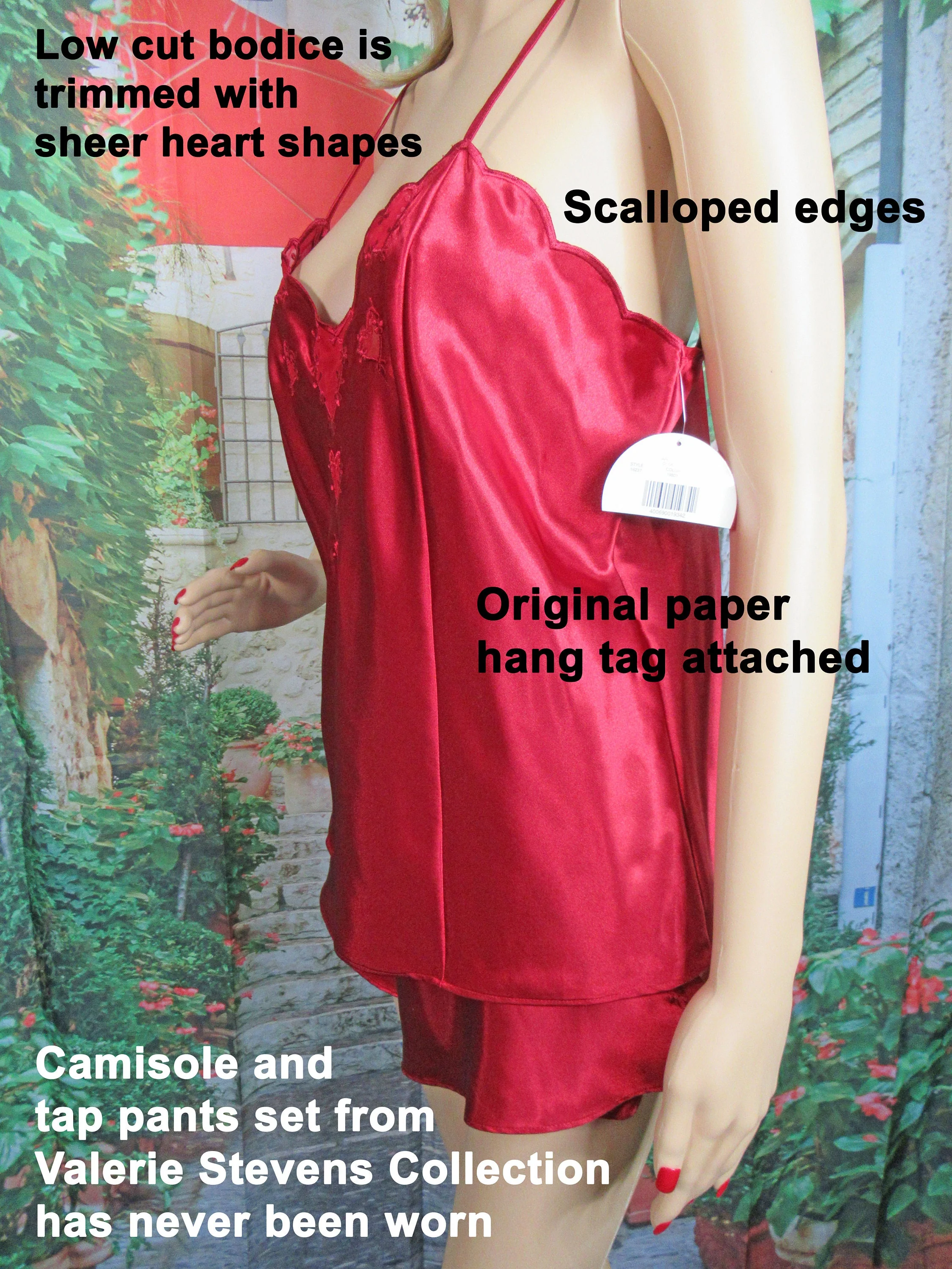 Tap Pants and Camisole Set Valerie Stevens Burgundy Polyester Sheer Hearts Trim Spaghetti Strap Made Hong Kong by Valerie Stevens - Image 9