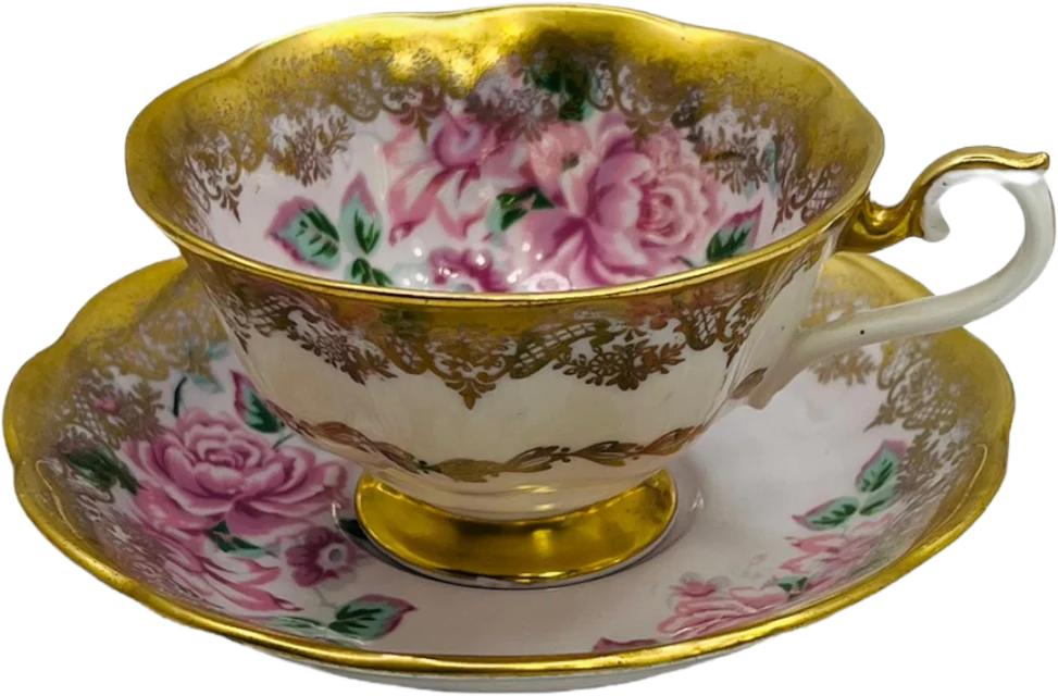 Teacup and Saucer Portrait Series Pink Roses with Heavy Gilding Wide Mouth Teacup English Bone China 70s by Royal Albert