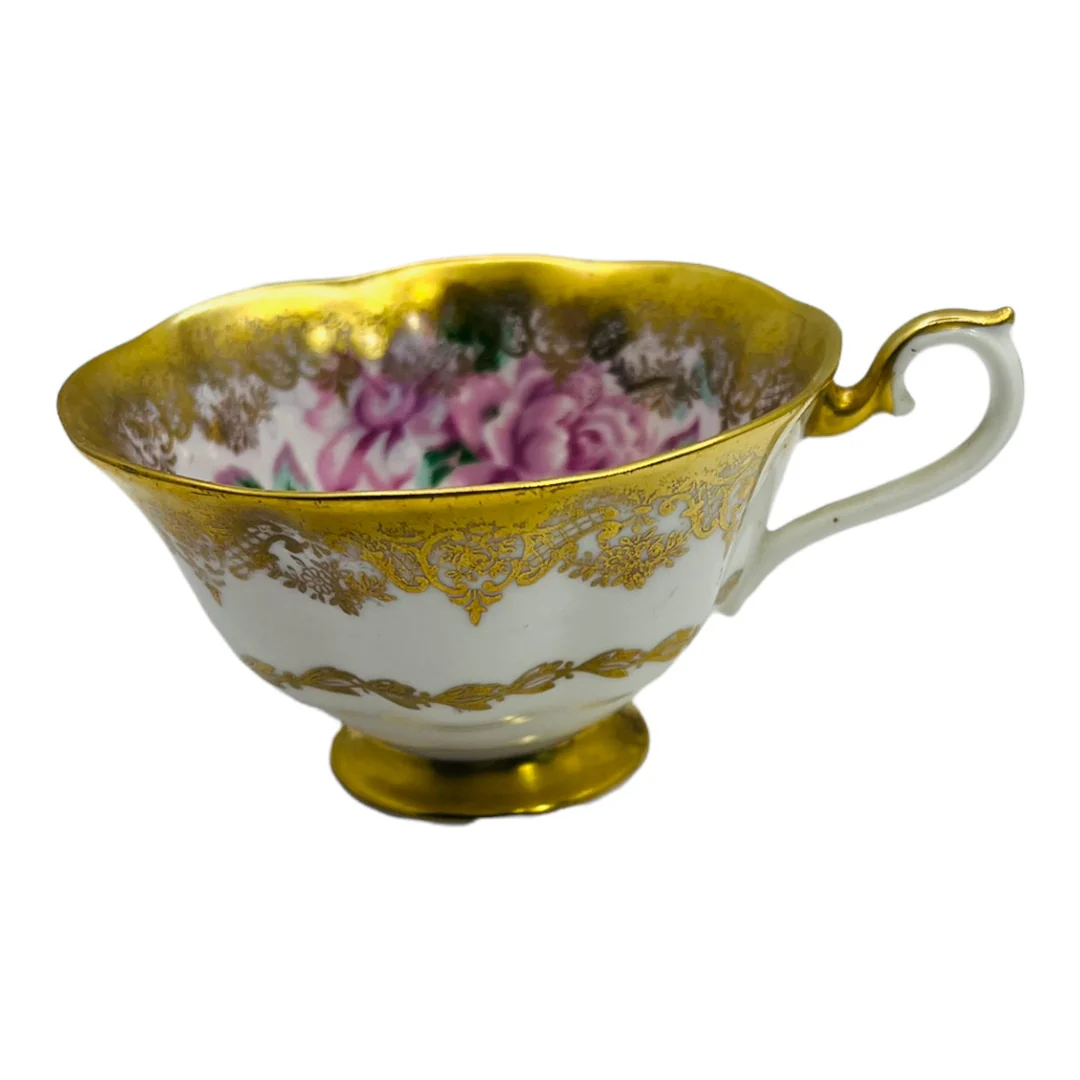 Teacup and Saucer Portrait Series Pink Roses with Heavy Gilding Wide Mouth Teacup English Bone China 70s by Royal Albert - Image 10