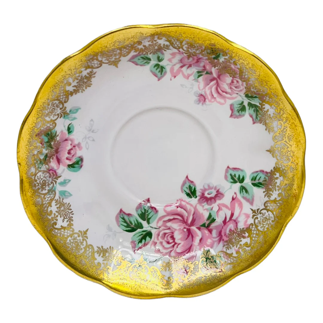 Teacup and Saucer Portrait Series Pink Roses with Heavy Gilding Wide Mouth Teacup English Bone China 70s by Royal Albert - Image 12