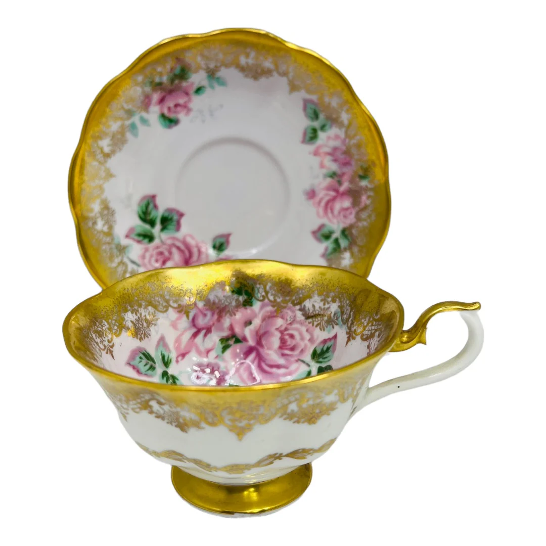 Teacup and Saucer Portrait Series Pink Roses with Heavy Gilding Wide Mouth Teacup English Bone China 70s by Royal Albert - Image 2
