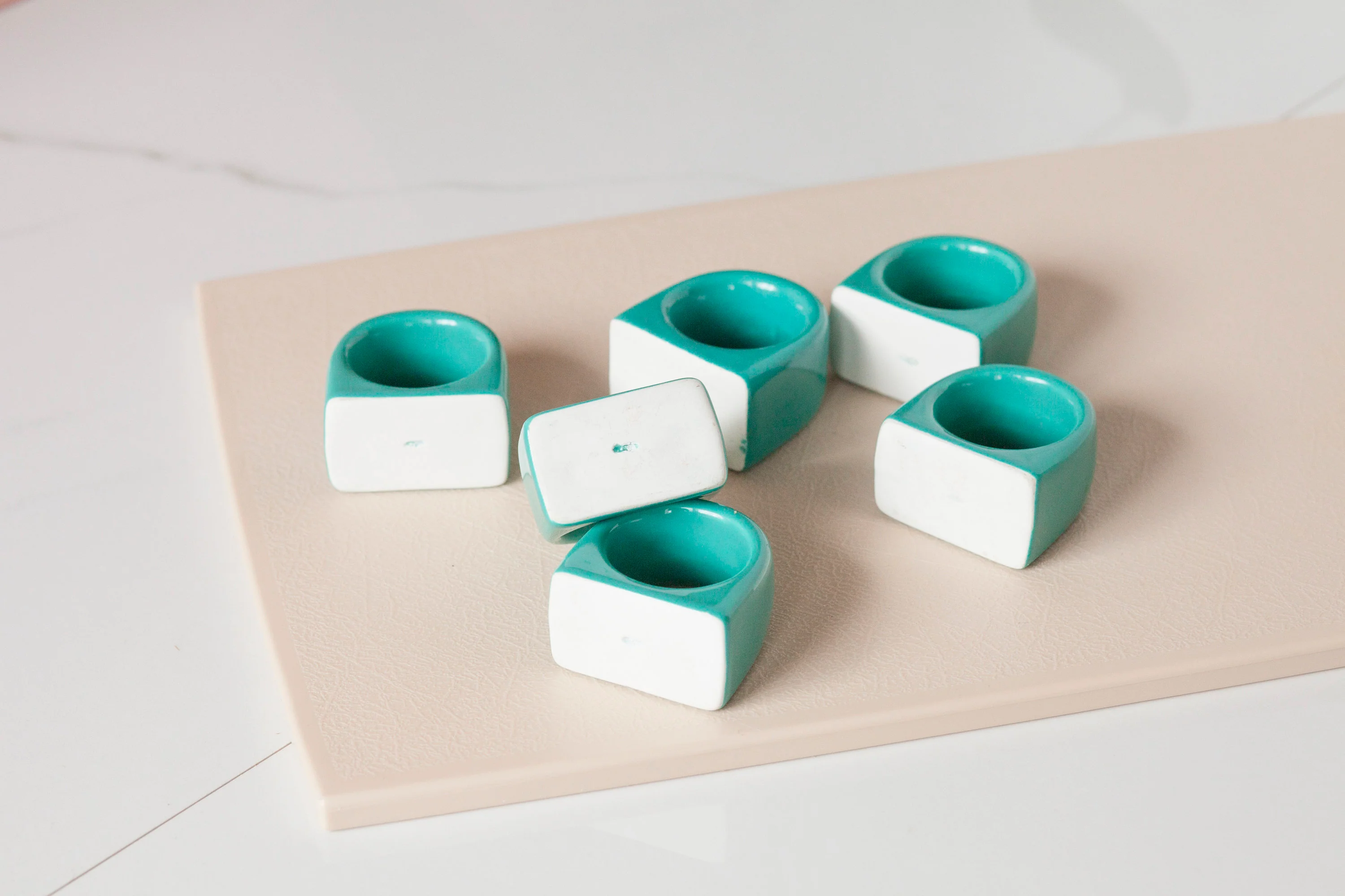 Teal Ceramic Napkin Rings Set of Six Vintage 90s - Image 10