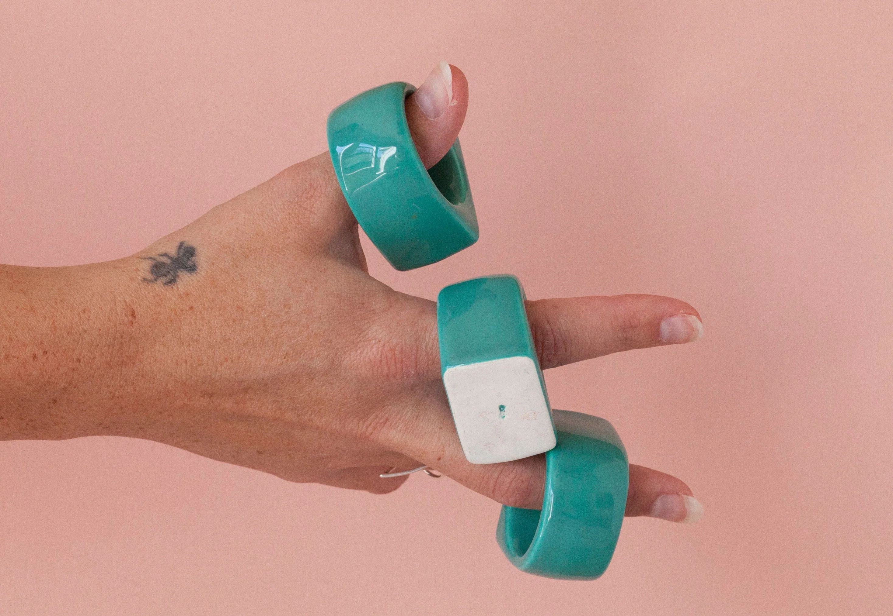 Teal Ceramic Napkin Rings Set of Six Vintage 90s - Image 2
