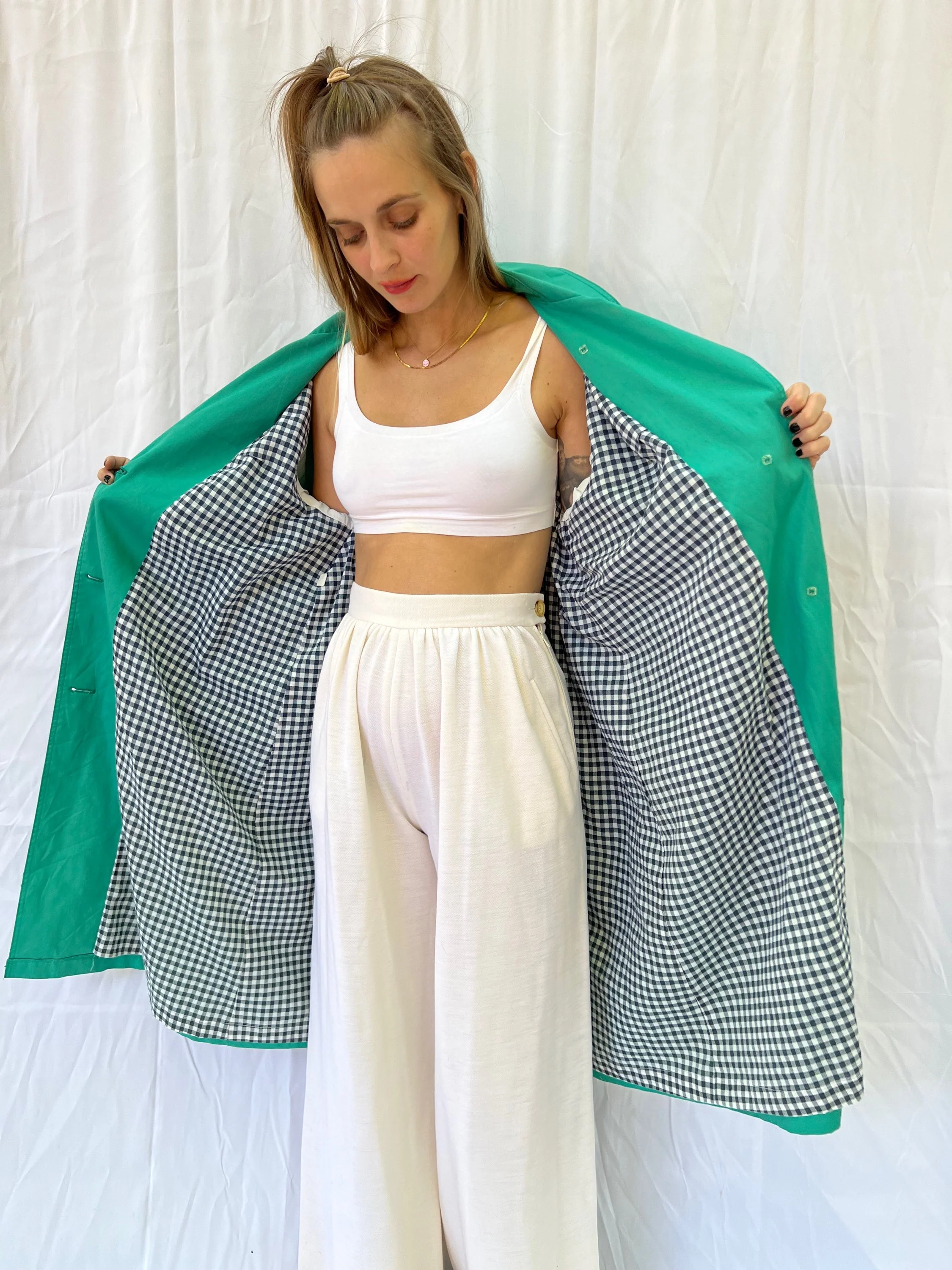 Teal Gingham Lined Trench Coat by London Fog - Image 7