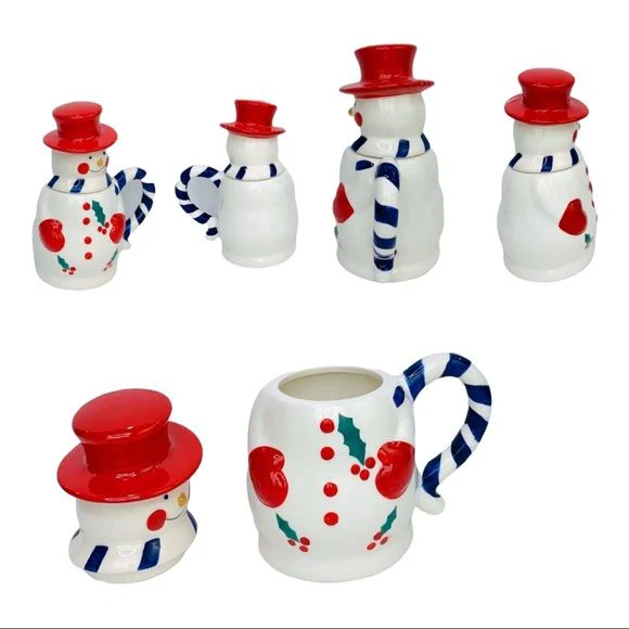 Teapot Snowman Set with 3 Mugs &amp; Lids Christmas Decor Holiday Party Temptations by Temptations - Image 6