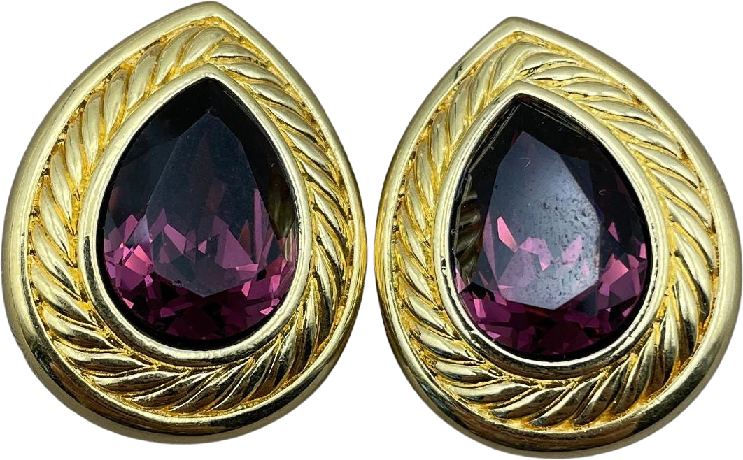 Teardrop Amethyst Glass Clip On Statement Earrings Signed Vintage Designer Jewelry by Swarvosky
