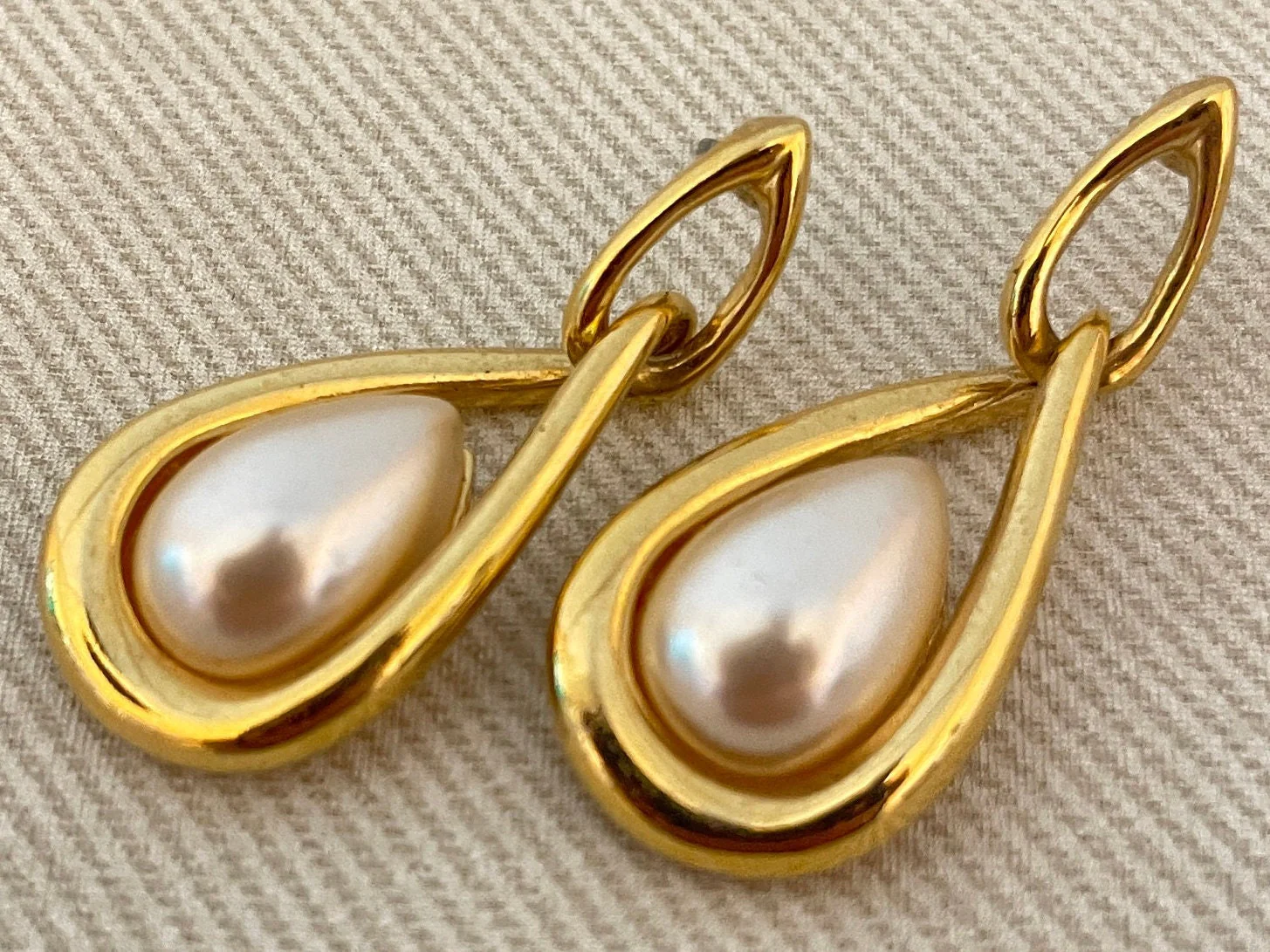 Teardrop Pearl Cabochon Signed Drop Earrings for Pierced Ears by Napier - Image 2