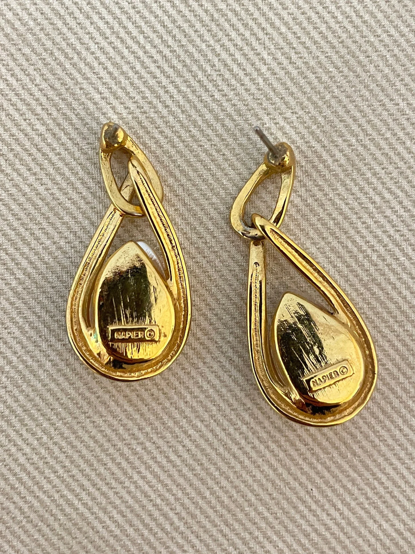 Teardrop Pearl Cabochon Signed Drop Earrings for Pierced Ears by Napier - Image 5