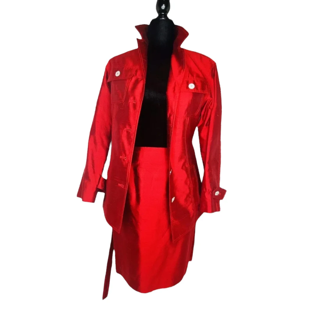 Teri Jon Nites Party Red 100% Ramie Silk Skirt Suit Size 4 by Rickie Freeman - Image 7