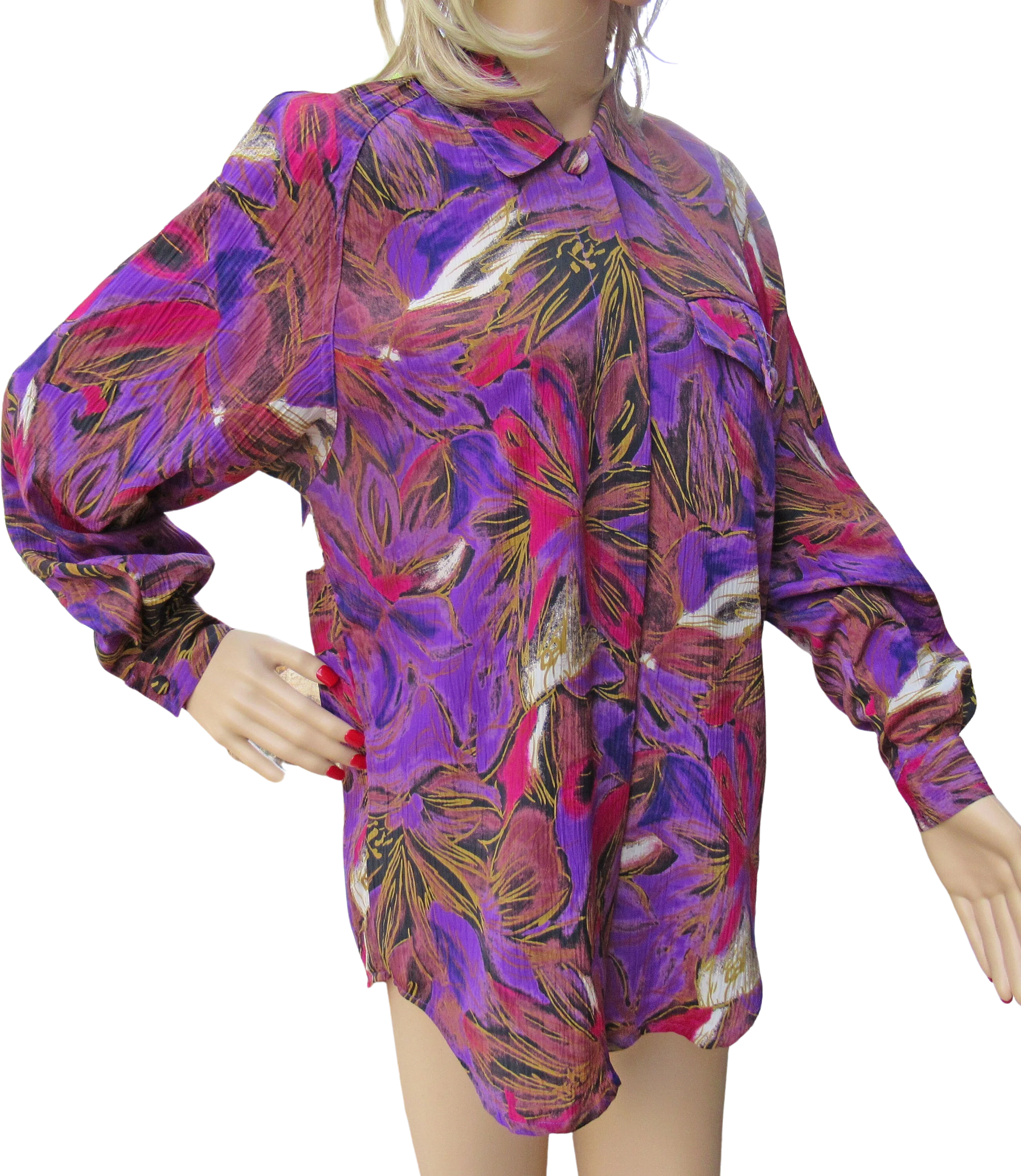 Tess Blouse Floral Colorful Print 80s Polyester Front Buttons 1 Pocket Long Sleeves Button Cuff Wear Open Too Made In Hong Kong