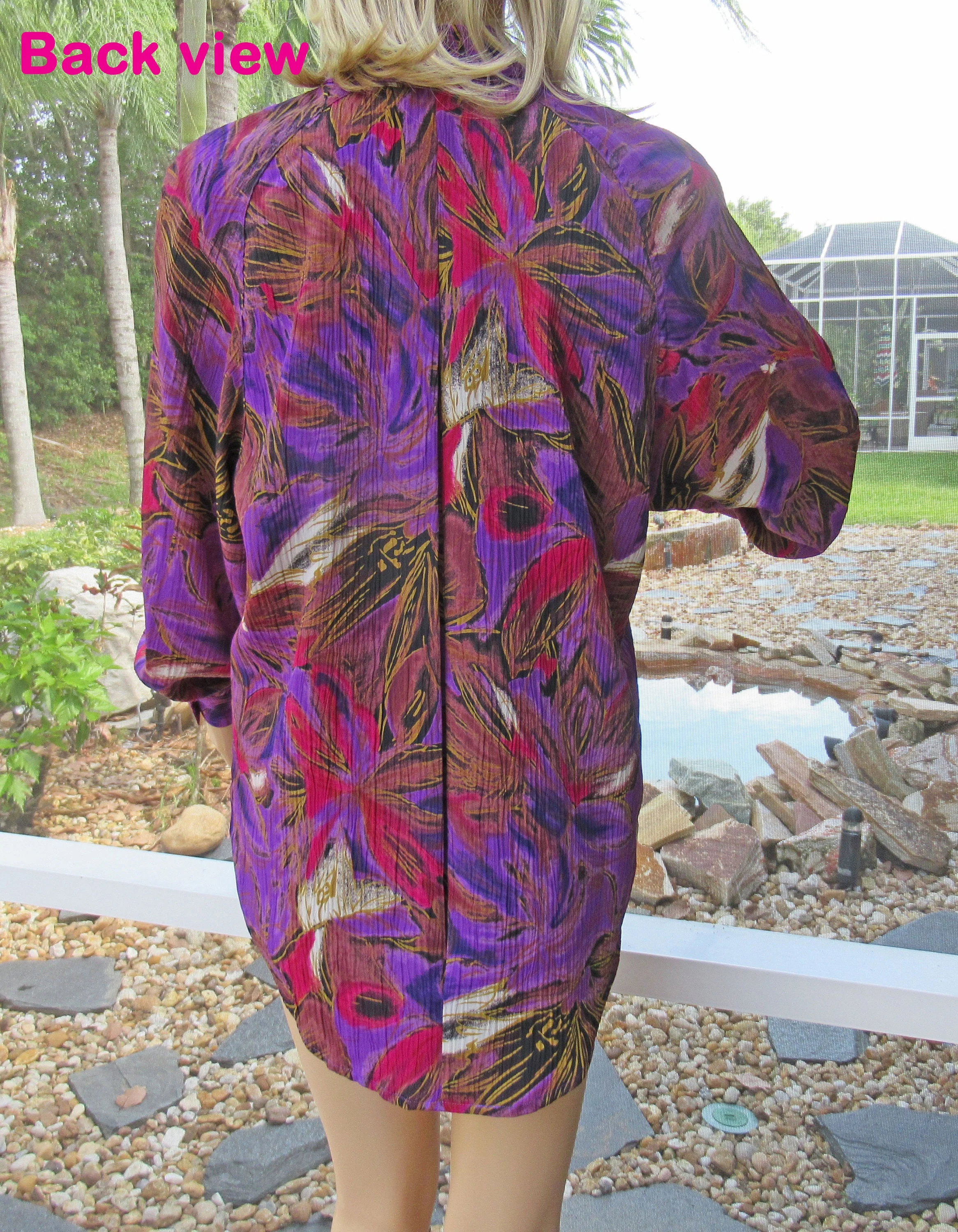 Tess Blouse Floral Colorful Print 80s Polyester Front Buttons 1 Pocket Long Sleeves Button Cuff Wear Open Too Made In Hong Kong - Image 10