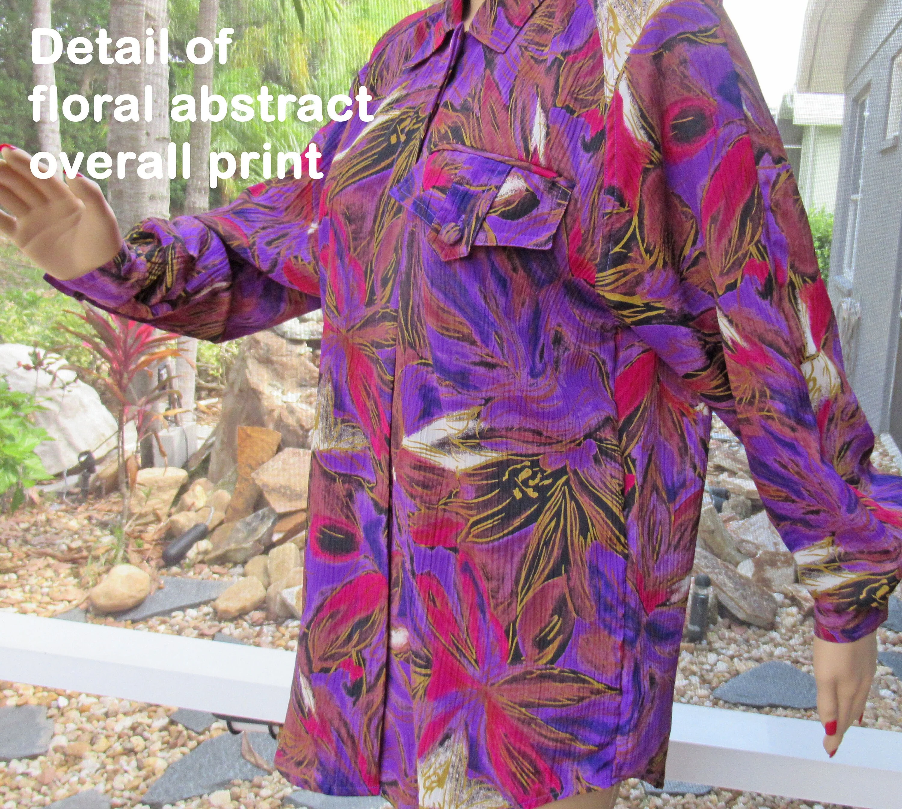 Tess Blouse Floral Colorful Print 80s Polyester Front Buttons 1 Pocket Long Sleeves Button Cuff Wear Open Too Made In Hong Kong - Image 5