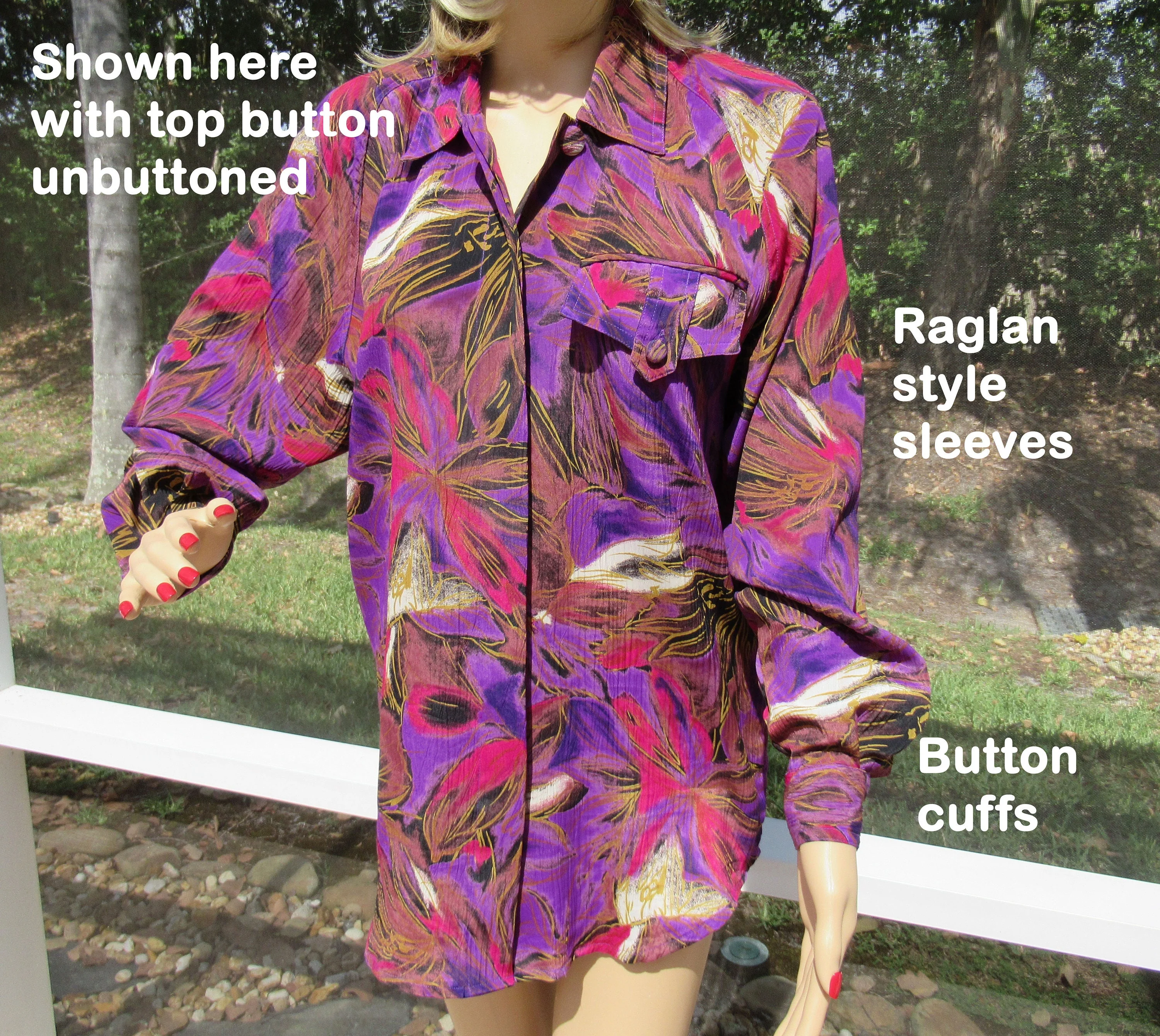 Tess Blouse Floral Colorful Print 80s Polyester Front Buttons 1 Pocket Long Sleeves Button Cuff Wear Open Too Made In Hong Kong - Image 7