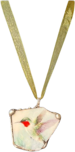 The Ruby-Throated Hummingbird Broken Fine China Pendant Handcrafted by Lena Liu