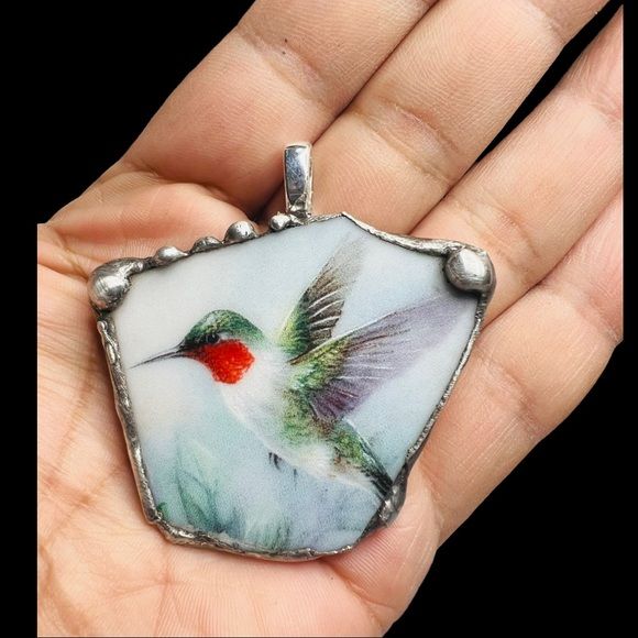 The Ruby-Throated Hummingbird Broken Fine China Pendant Handcrafted by Lena Liu - Image 2