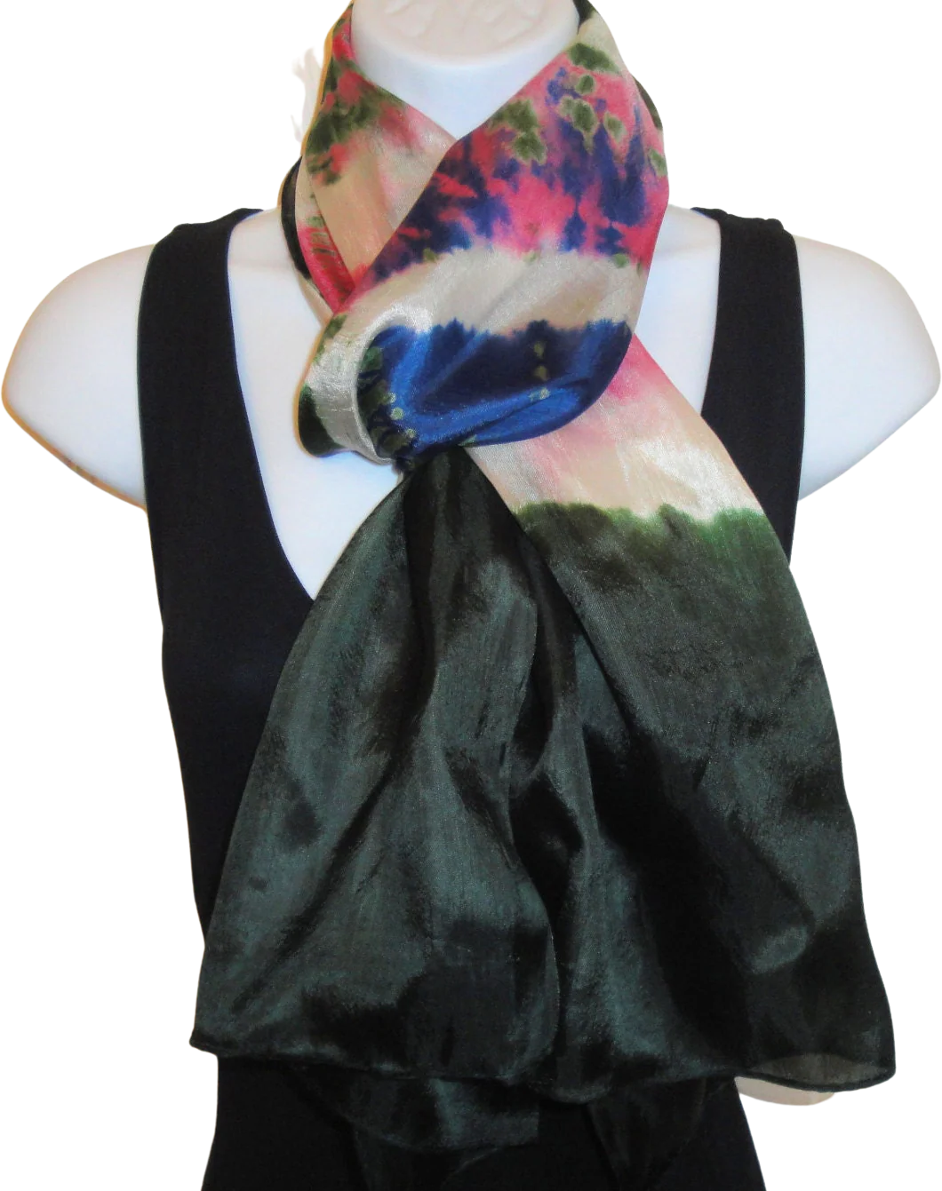 Tie Dye Oblong Sheer Scarf Dark Green, Pink, Purple and White, 62 by 16 Inch Versatile Unique Scarf, Bonus Magnetic Back Brooch, Vintage