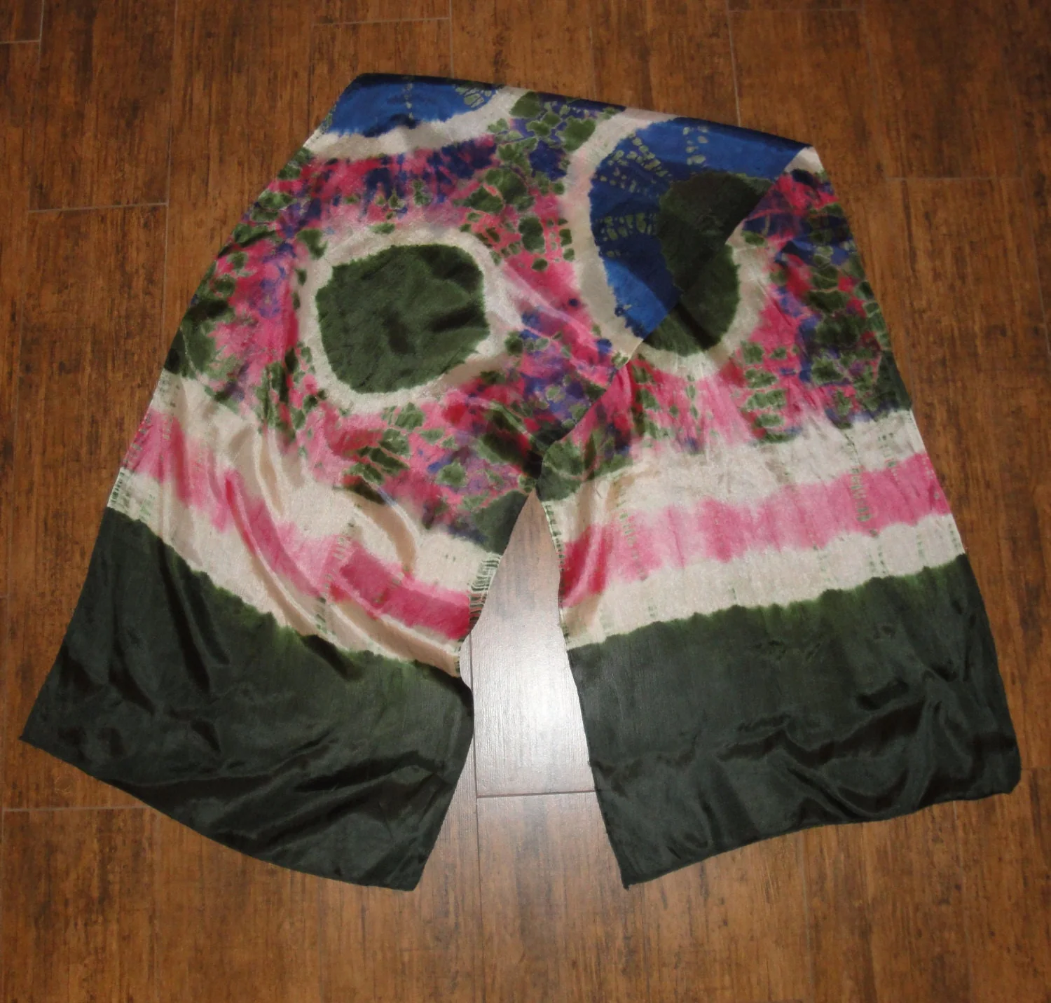 Tie Dye Oblong Sheer Scarf Dark Green, Pink, Purple and White, 62 by 16 Inch Versatile Unique Scarf, Bonus Magnetic Back Brooch, Vintage - Image 2