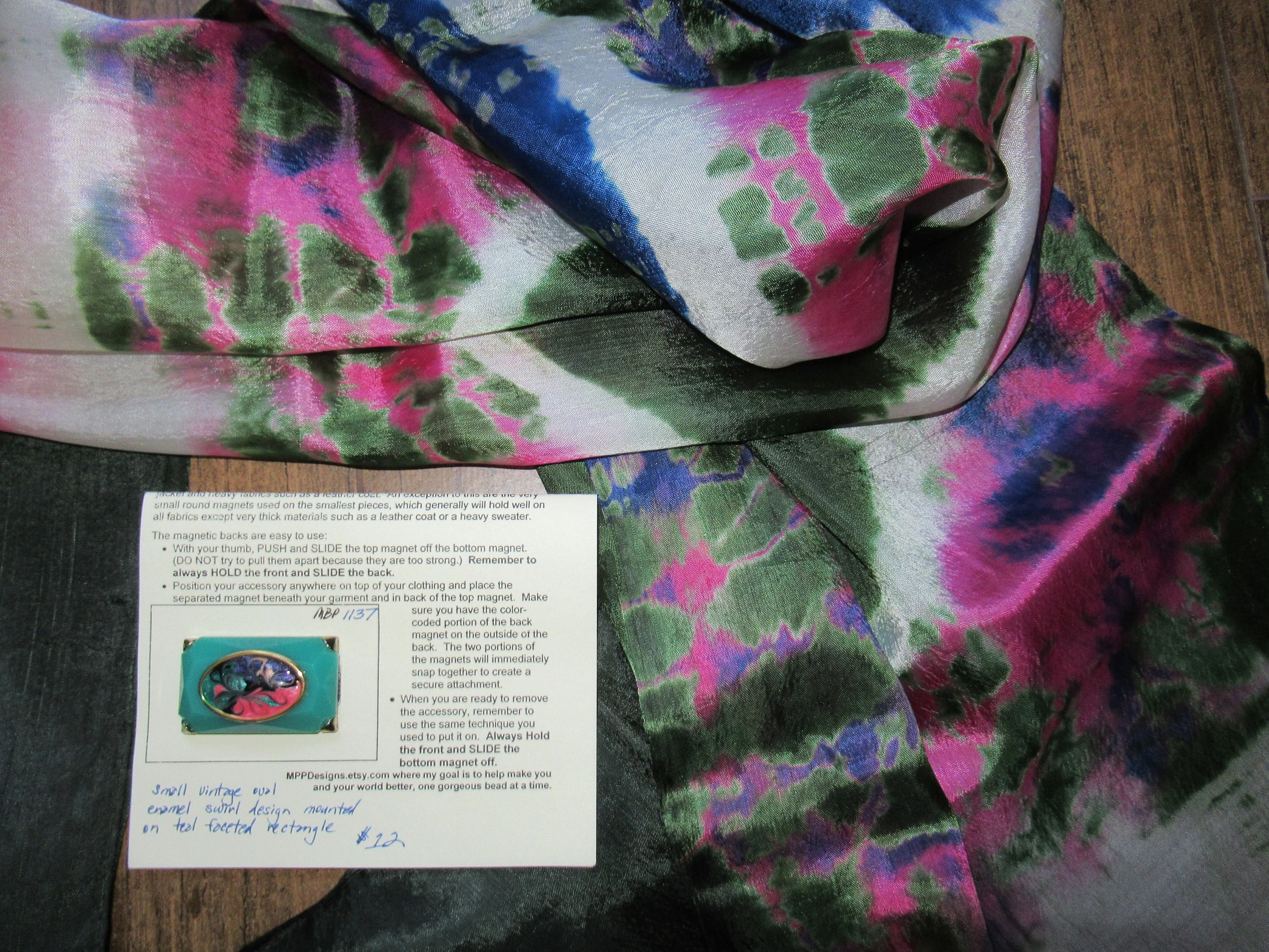 Tie Dye Oblong Sheer Scarf Dark Green, Pink, Purple and White, 62 by 16 Inch Versatile Unique Scarf, Bonus Magnetic Back Brooch, Vintage - Image 3