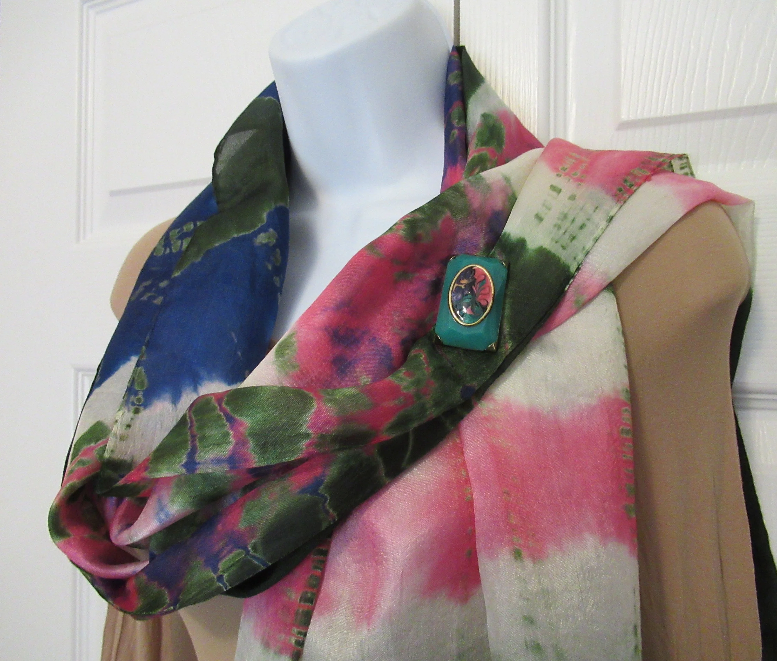 Tie Dye Oblong Sheer Scarf Dark Green, Pink, Purple and White, 62 by 16 Inch Versatile Unique Scarf, Bonus Magnetic Back Brooch, Vintage - Image 4